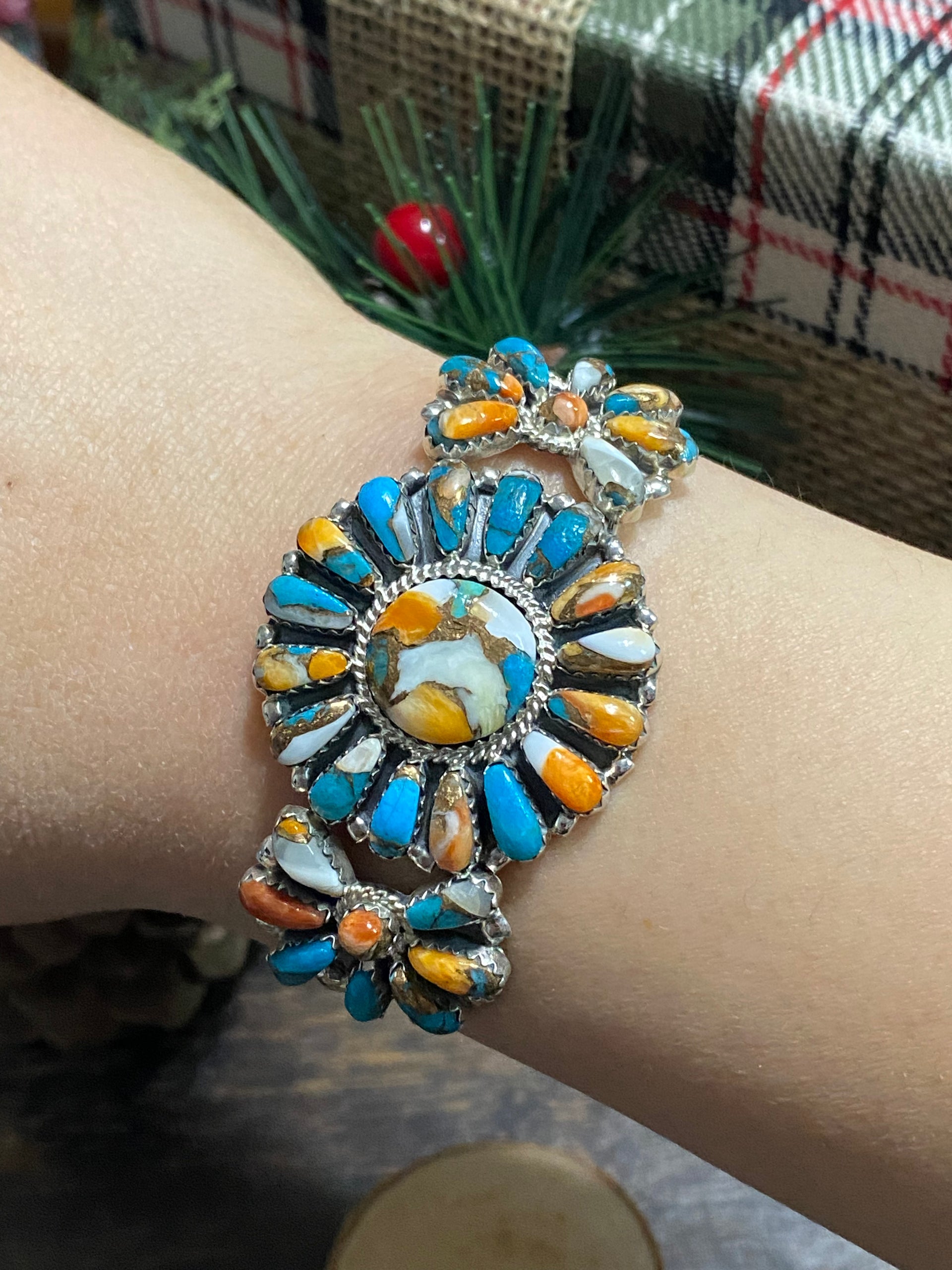 Navajo Made Mohave Turquoise & Sterling Silver Cluster Cuff Bracelet