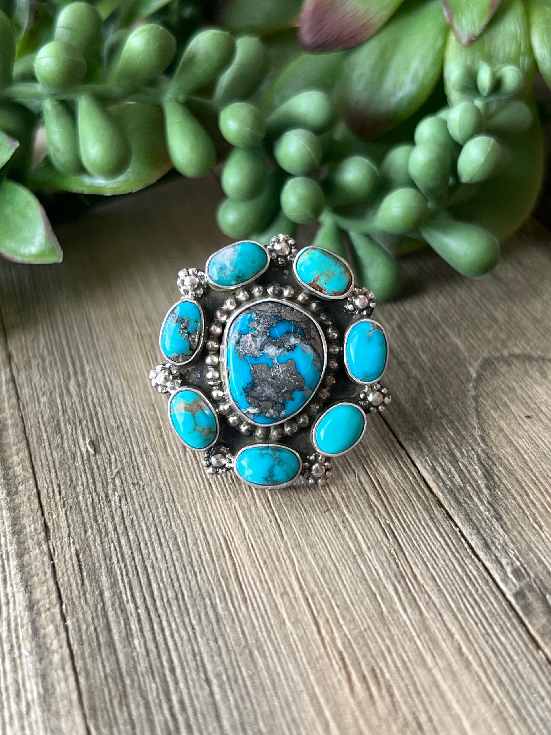 Chris Etsitty Kingman Turquoise & Sterling Silver Ring Size 7.75