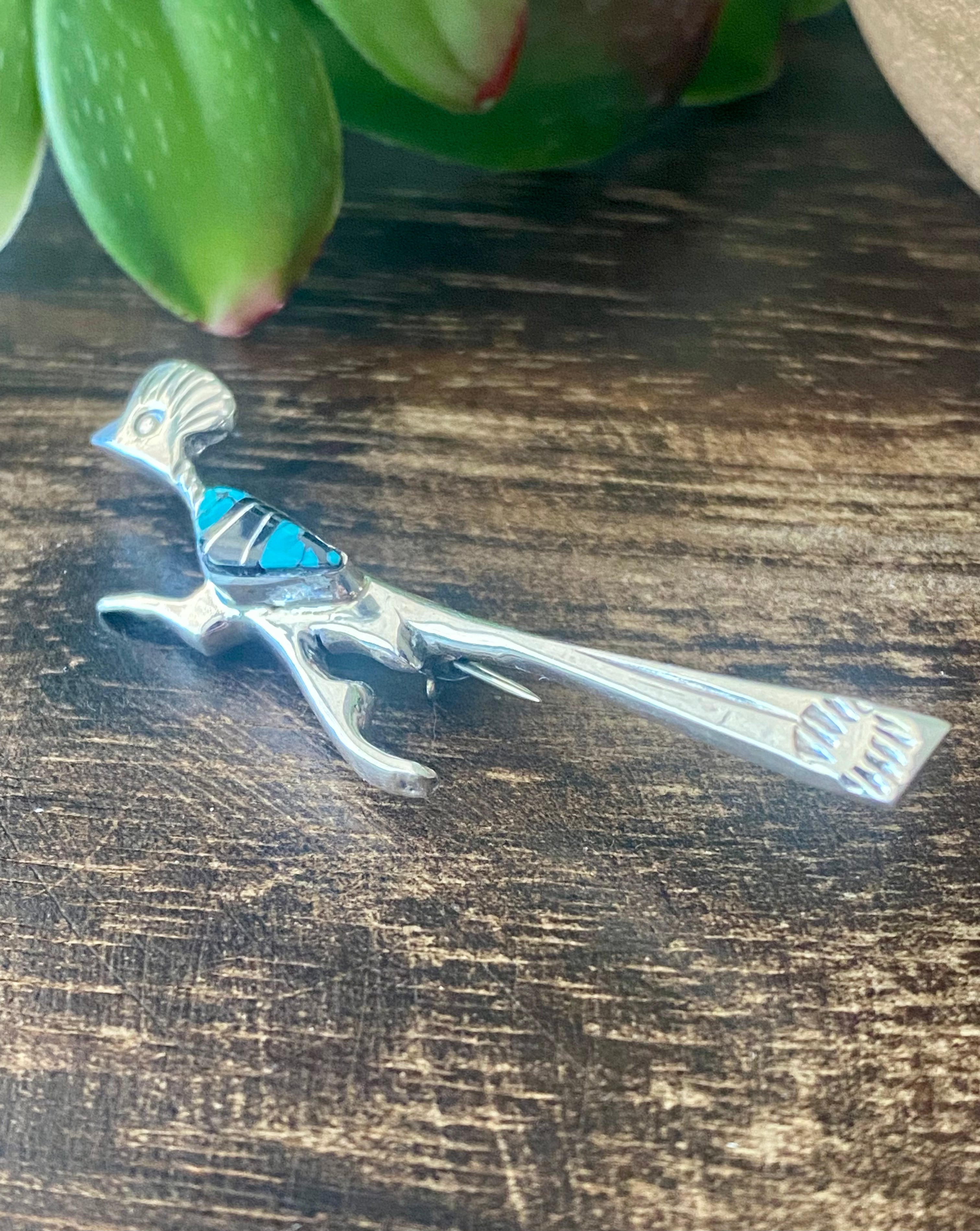 Navajo Made Multi Stone & Sterling Silver Inlay Roadrunner Pin