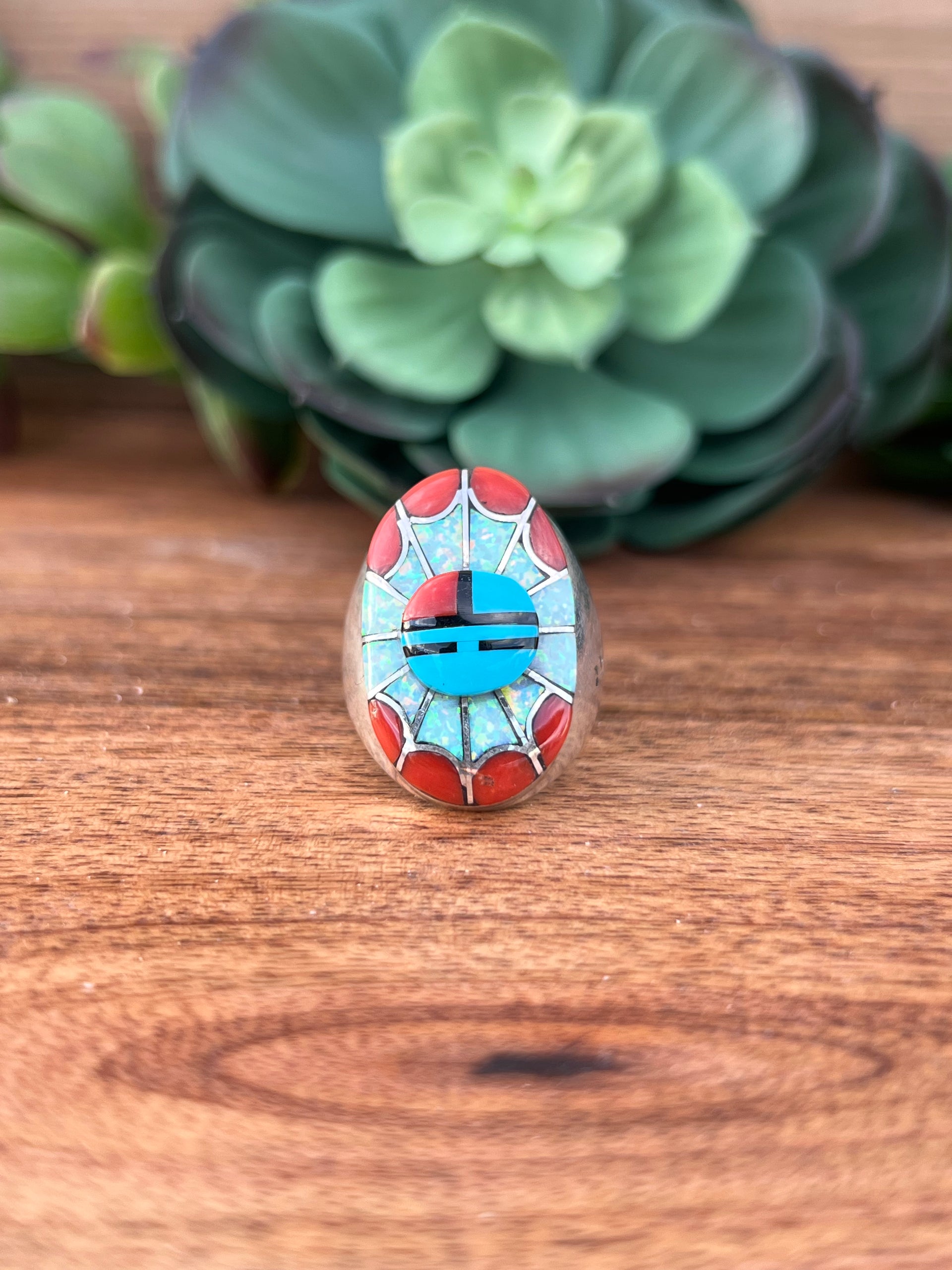 Navajo Multi Stone & Sterling Silver Sun Face Ring Size 11.5