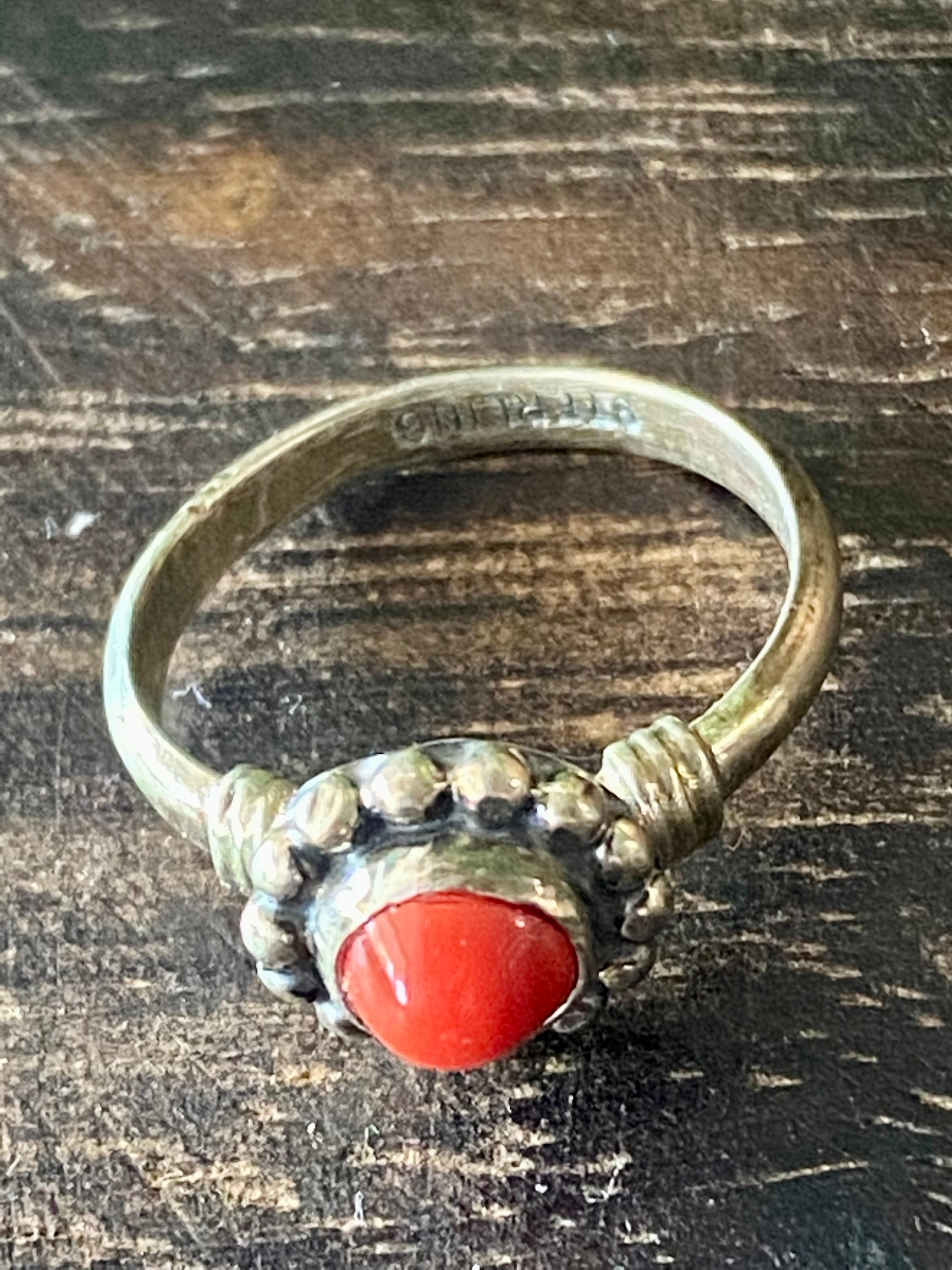 Navajo Made Coral & Sterling Silver Ring Size 5