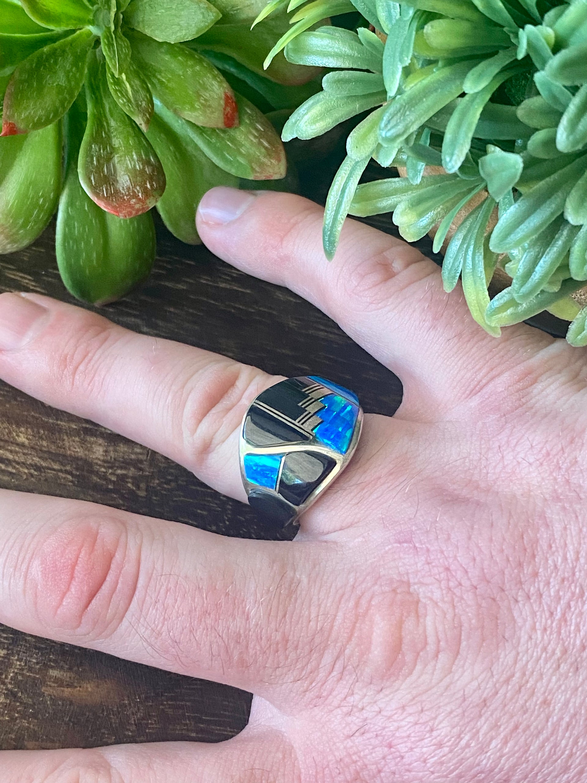 Navajo Made Multi Stone & Sterling Silver Inlay Ring Size 8.75