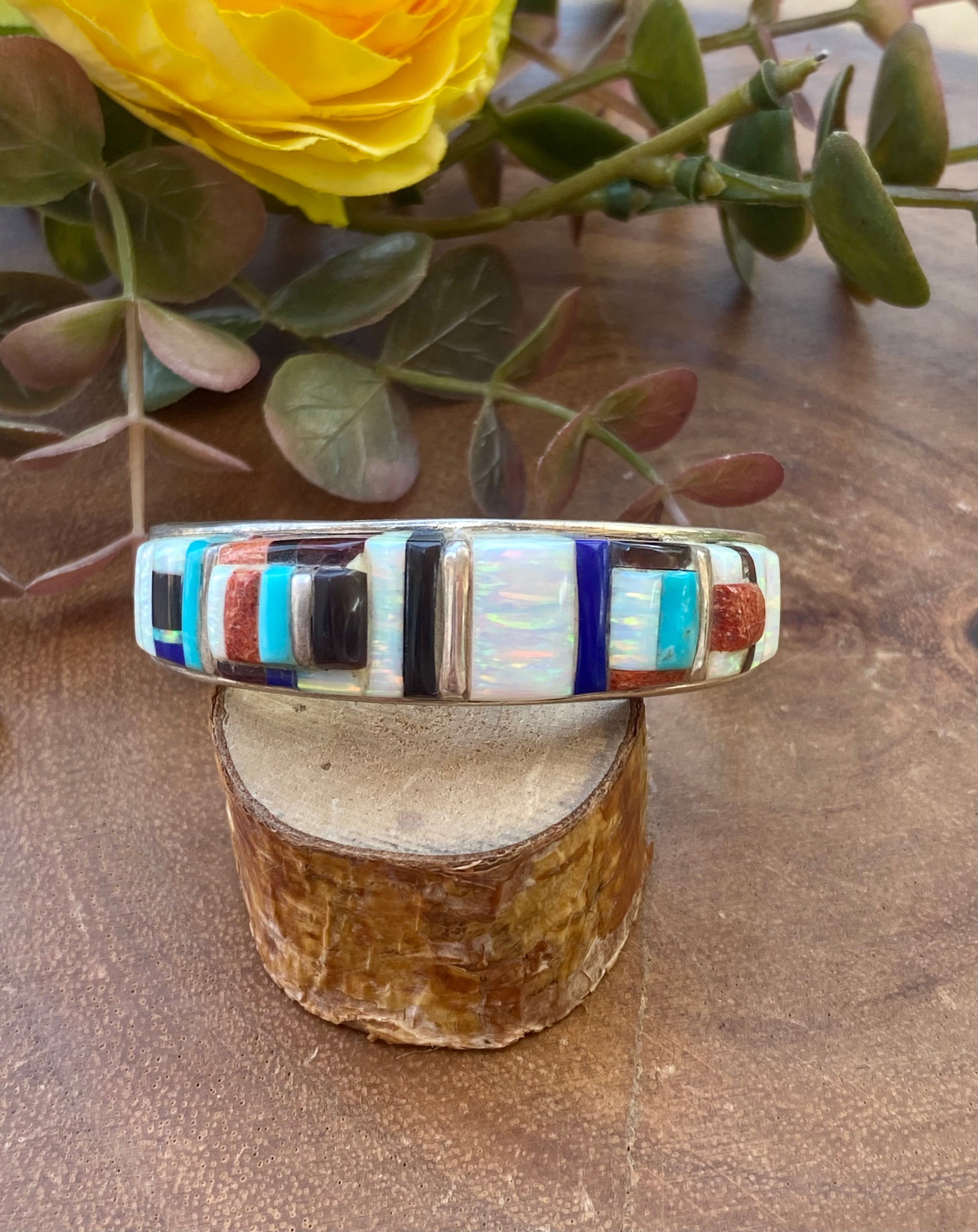 Vintage Navajo Made Multi Stone & Sterling Silver Cobblestone Cuff Bracelet