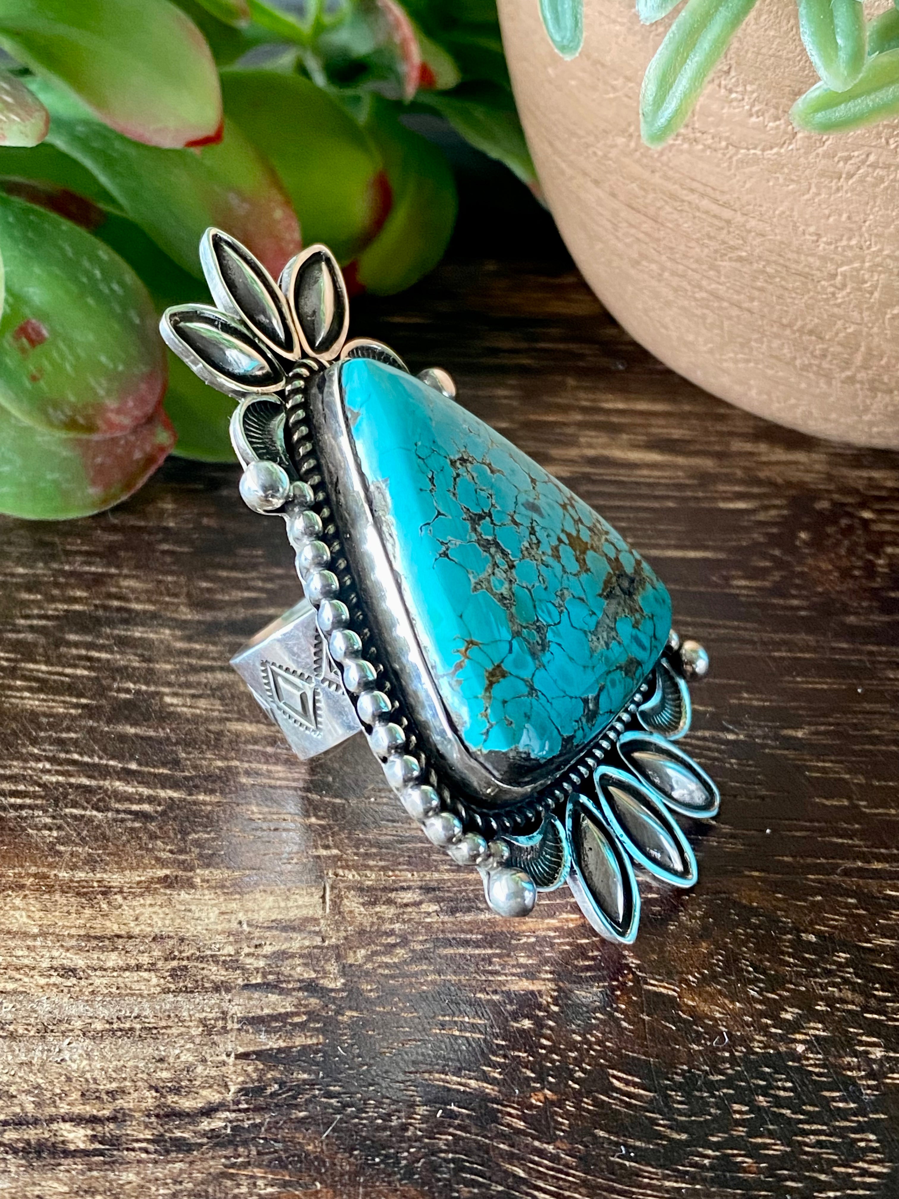 Alex Sanchez Turquoise Mountain & Sterling Silver Adjustable Ring Size 8