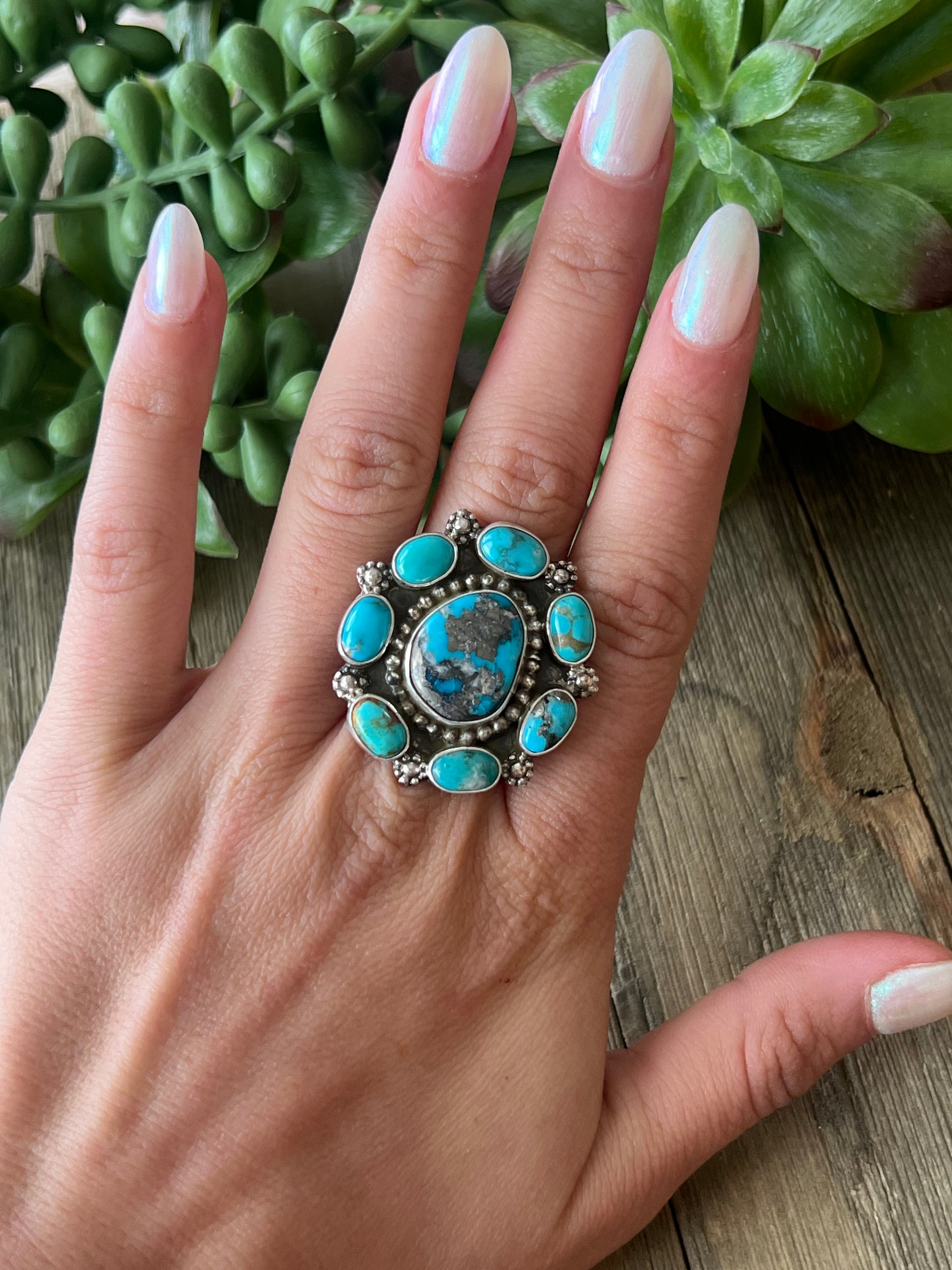 Chris Etsitty Kingman Turquoise & Sterling Silver Ring Size 7.75