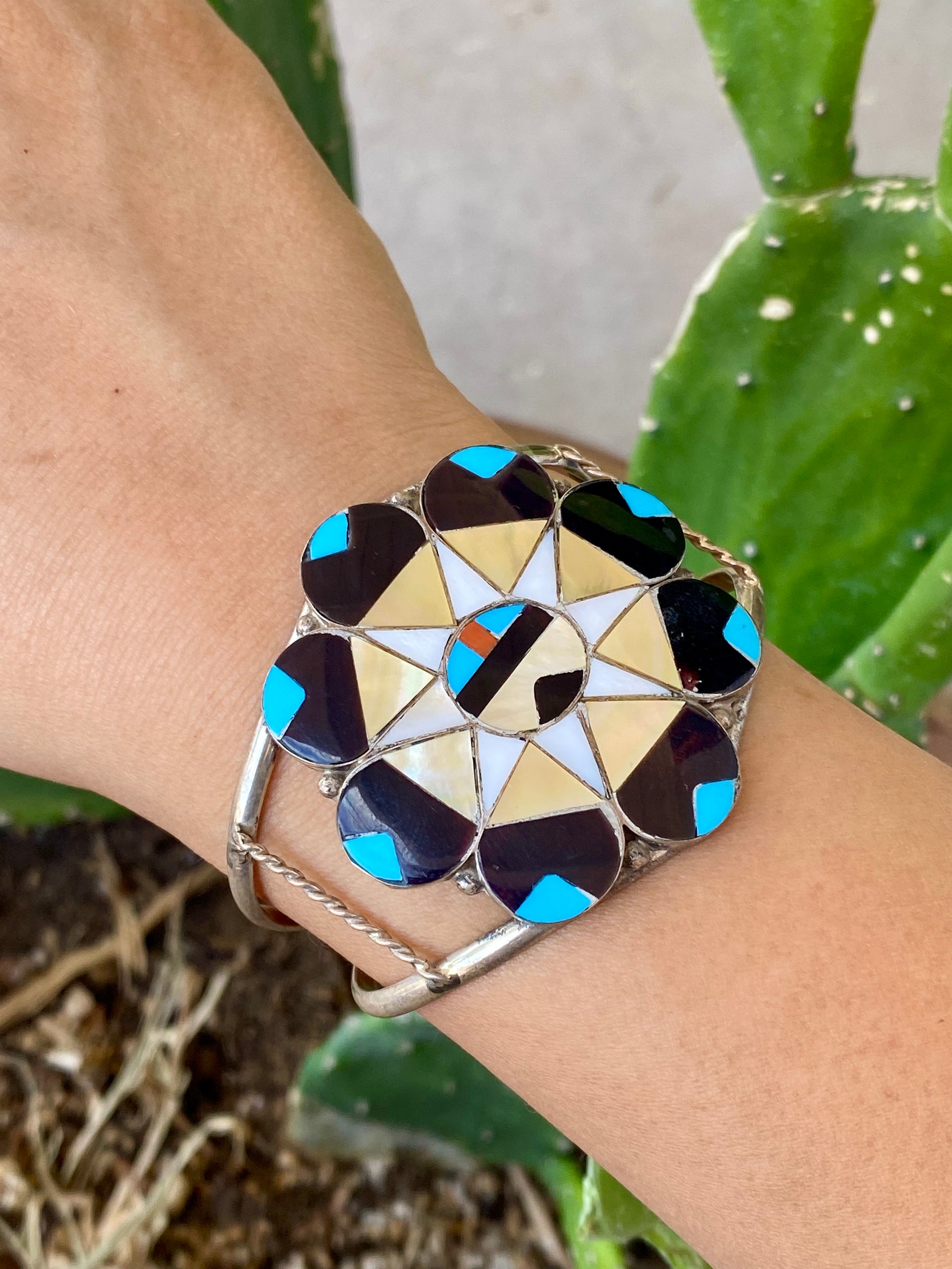 Alison Dishta Zuni Multi Stone & Sterling Silver Sunface Inlay Cuff Bracelet