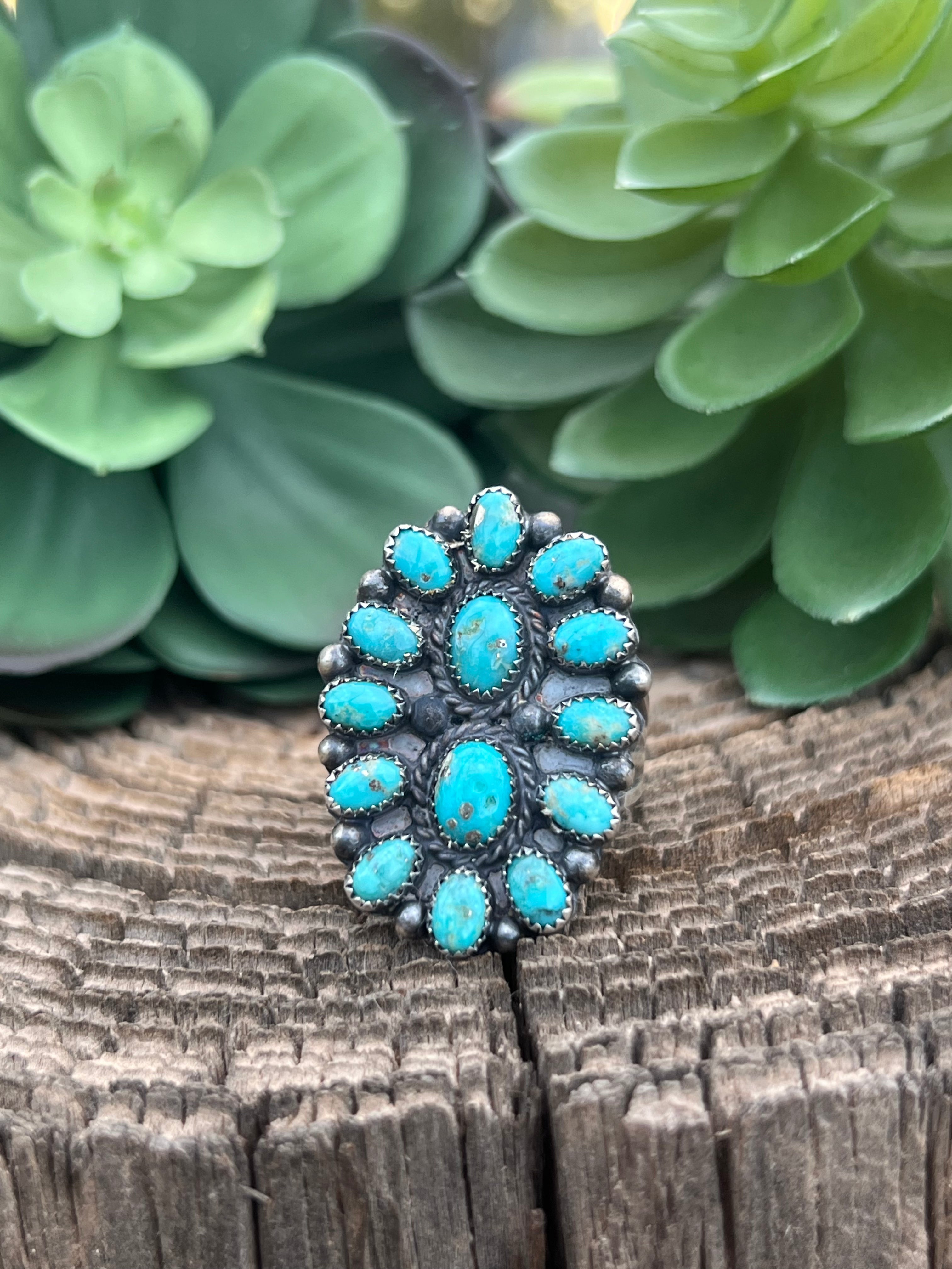 Sheila Tso Turquoise & Sterling Silver Cluster Ring Size 10