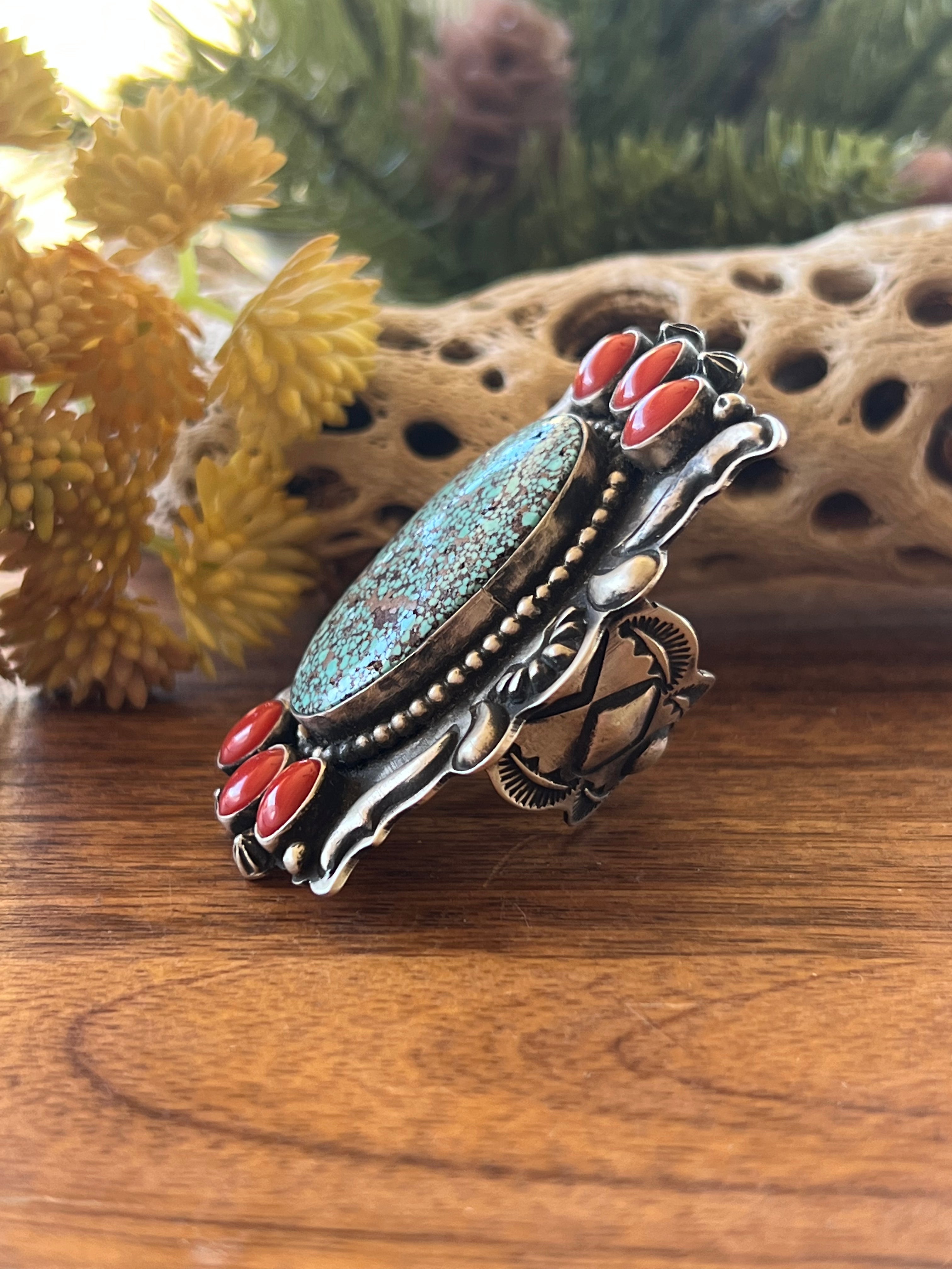 Shawn Cayatineto Turquoise Mountain & Mediterranean Coral & Sterling Silver Ring Size 7.5