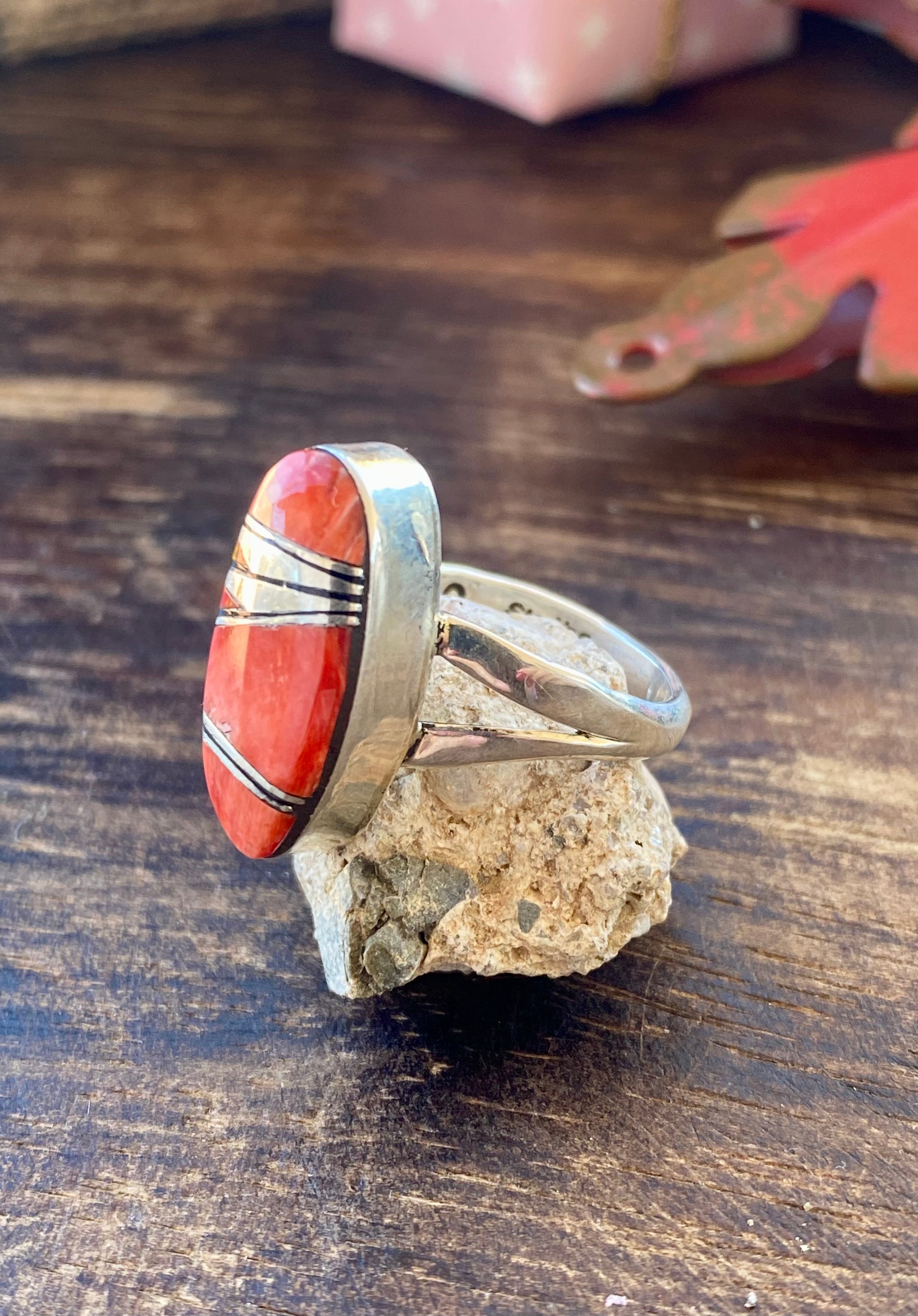 Navajo Made Multi Stone & Sterling Silver Inlay Ring Size 7