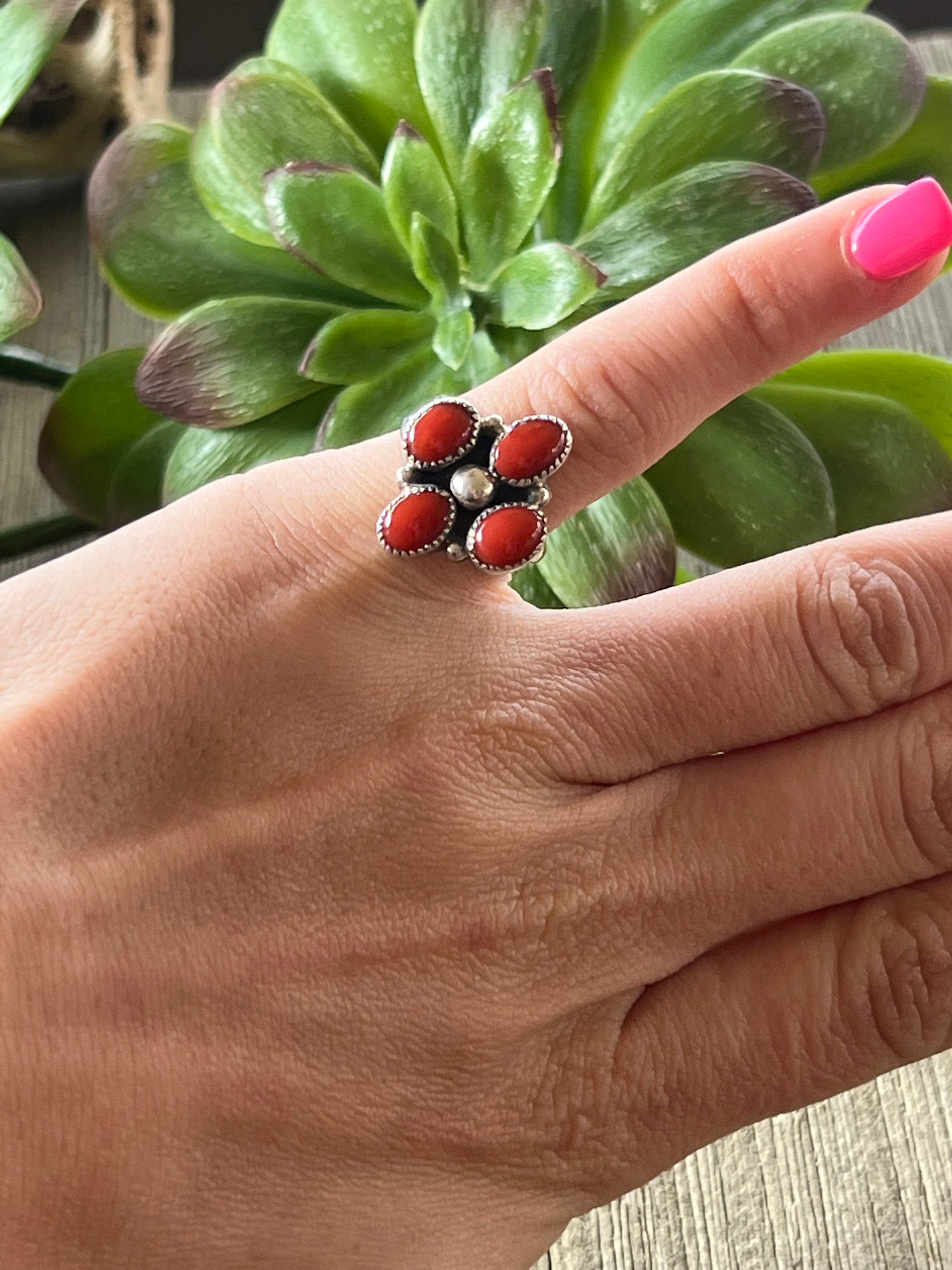 Navajo Made Mediterranean Coral & Sterling Silver Ring