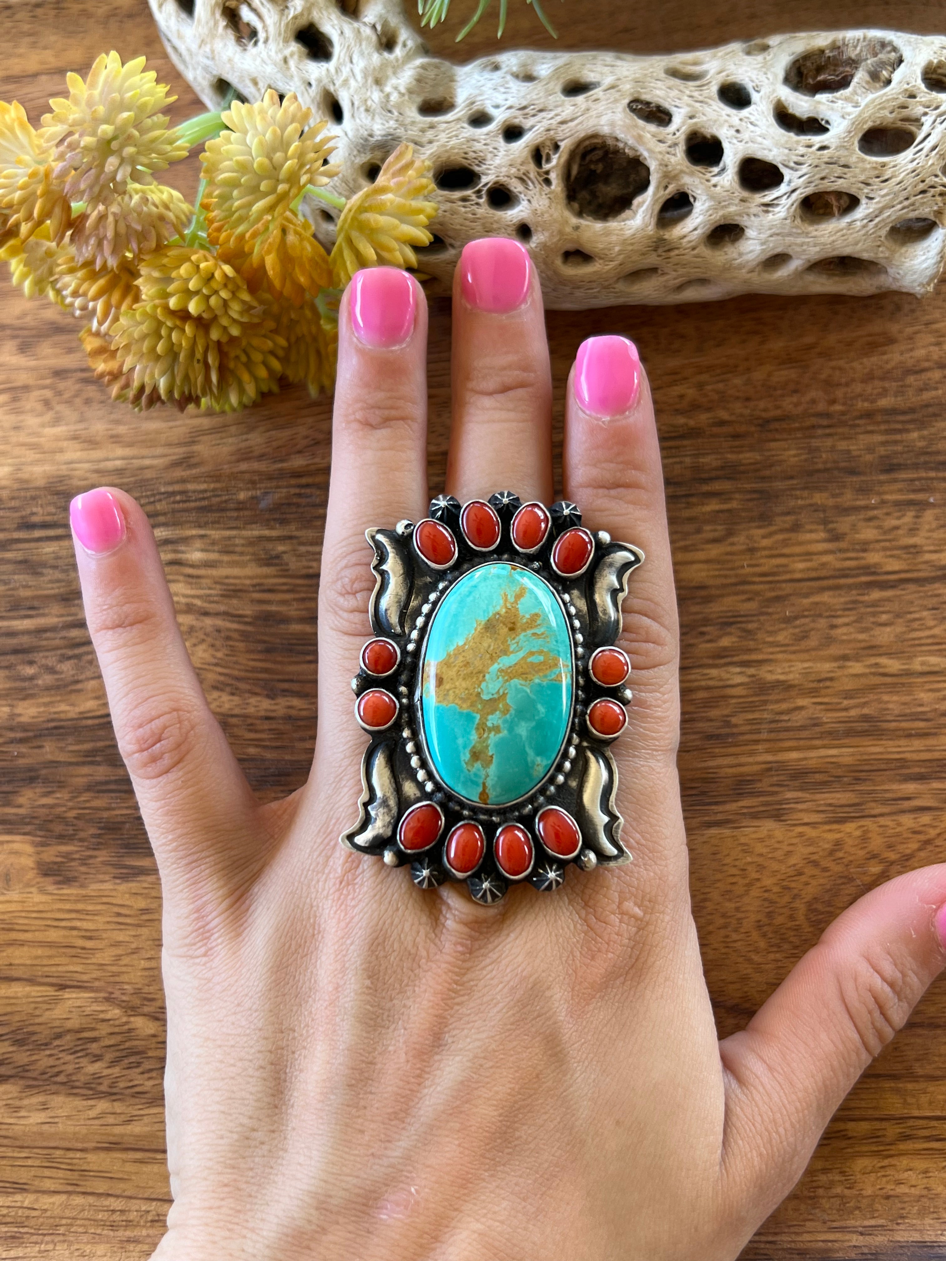 Shawn Cayatineto King Manassa Turquoise & Mediterranean Coral & Sterling Silver Ring Size 6.75