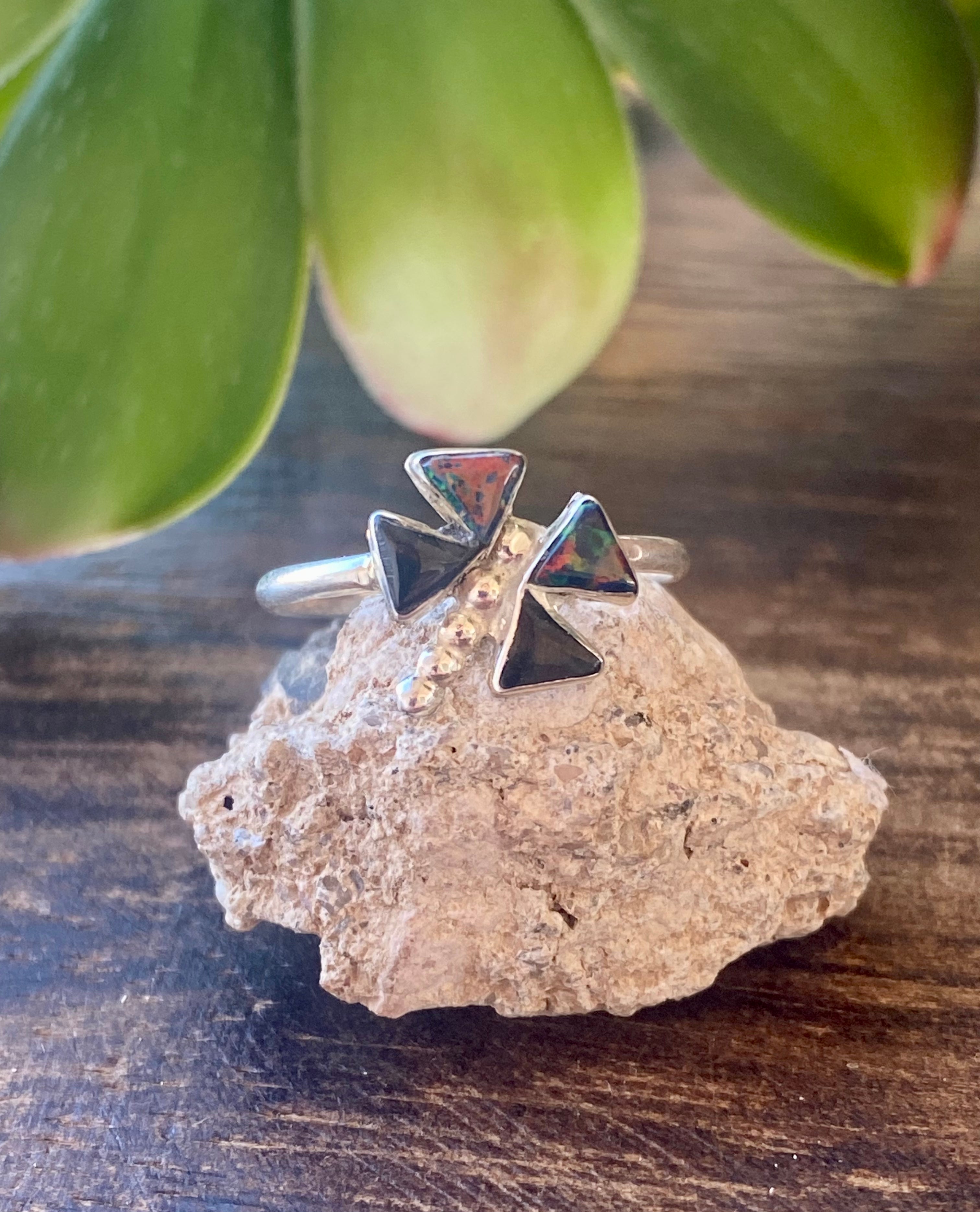 Zuni Made Onyx & Opal Sterling Silver Dragonfly Ring Size 5.75