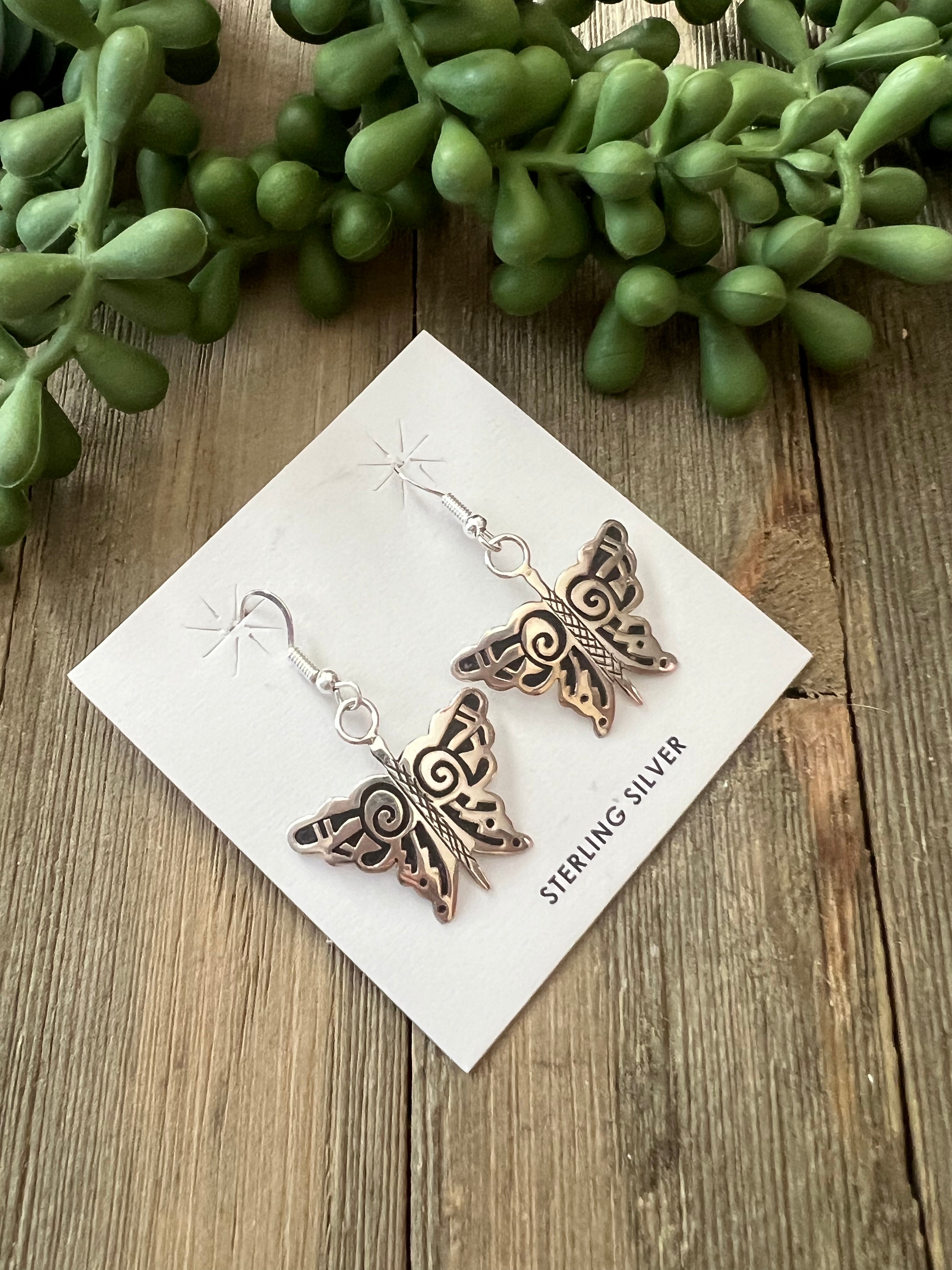 Navajo Made Sterling Silver Butterfly Dangle Earrings