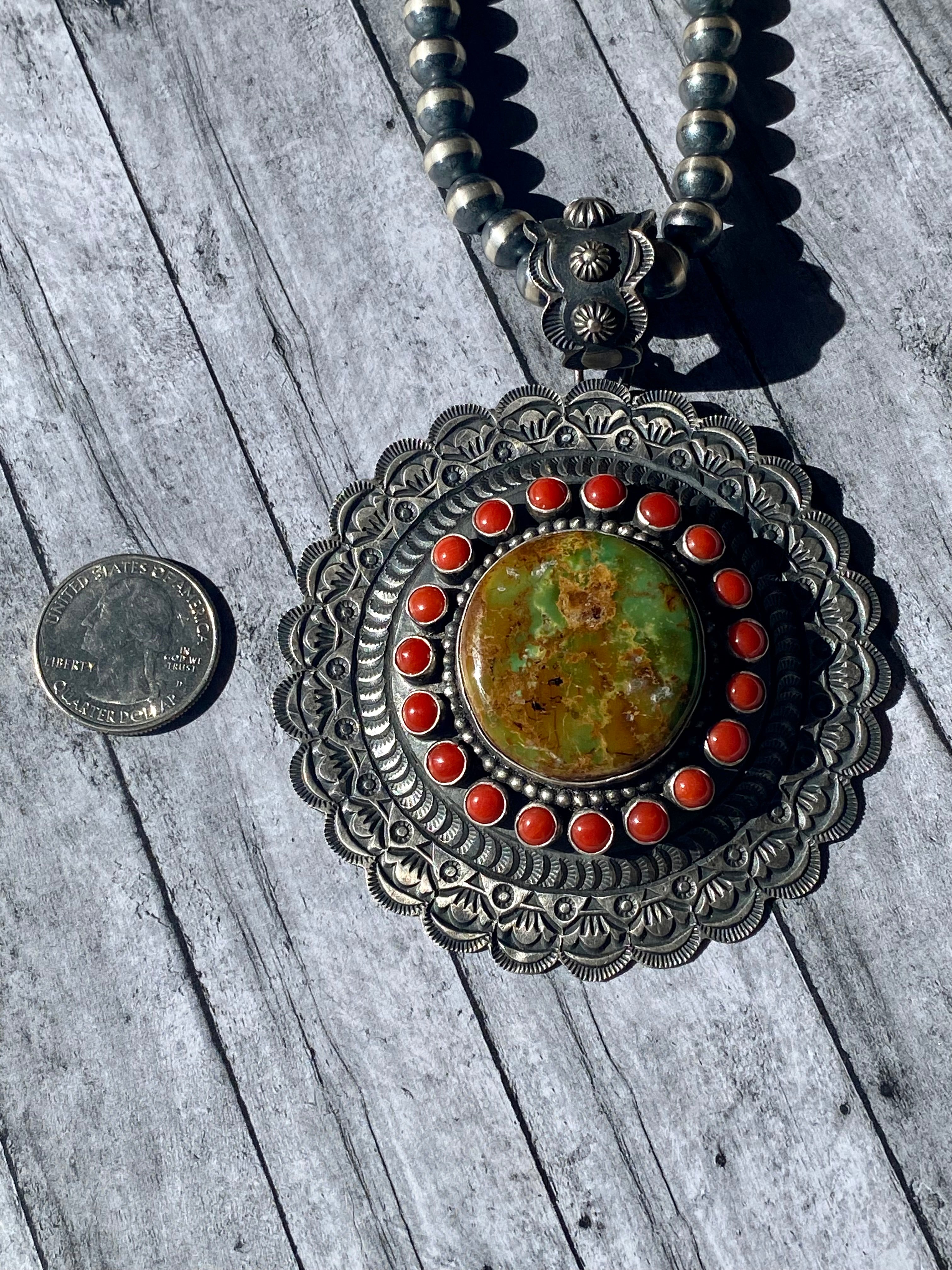Shawn Cayatineto Natural Royston Turquoise & Coral Sterling Silver Pendant