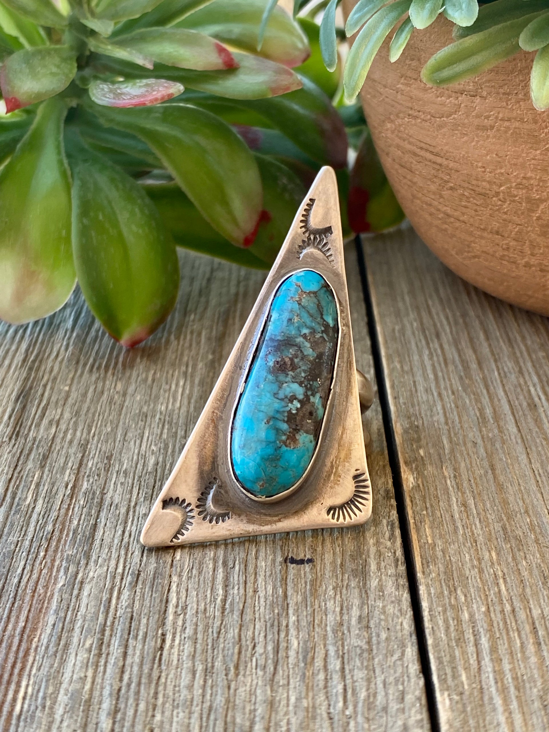 Delbert Shirley Kingman Turquoise & Sterling Silver Adjustable Ring Size 7.5