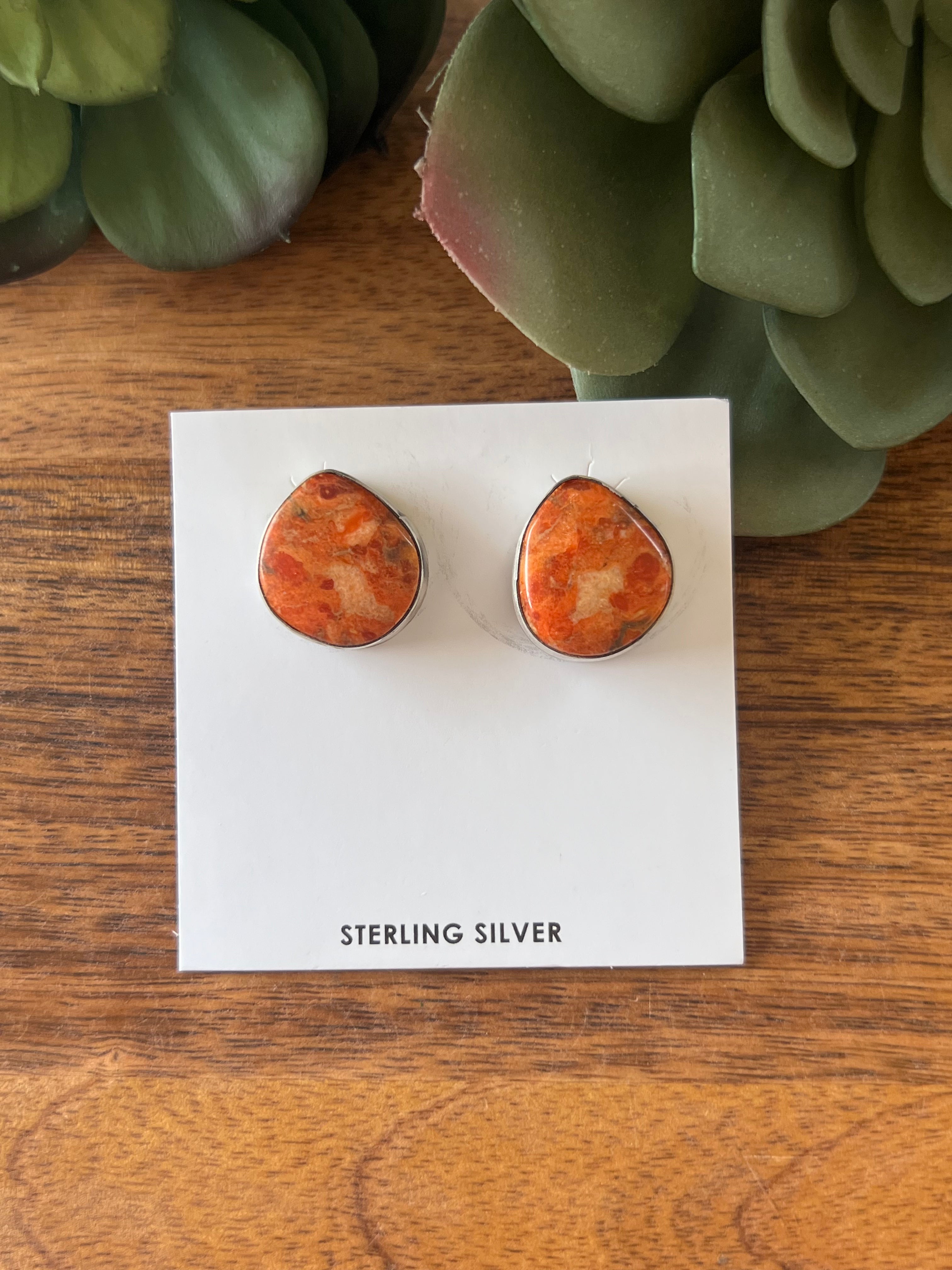 Navajo Made Apple Coral & Sterling Silver Post Earrings