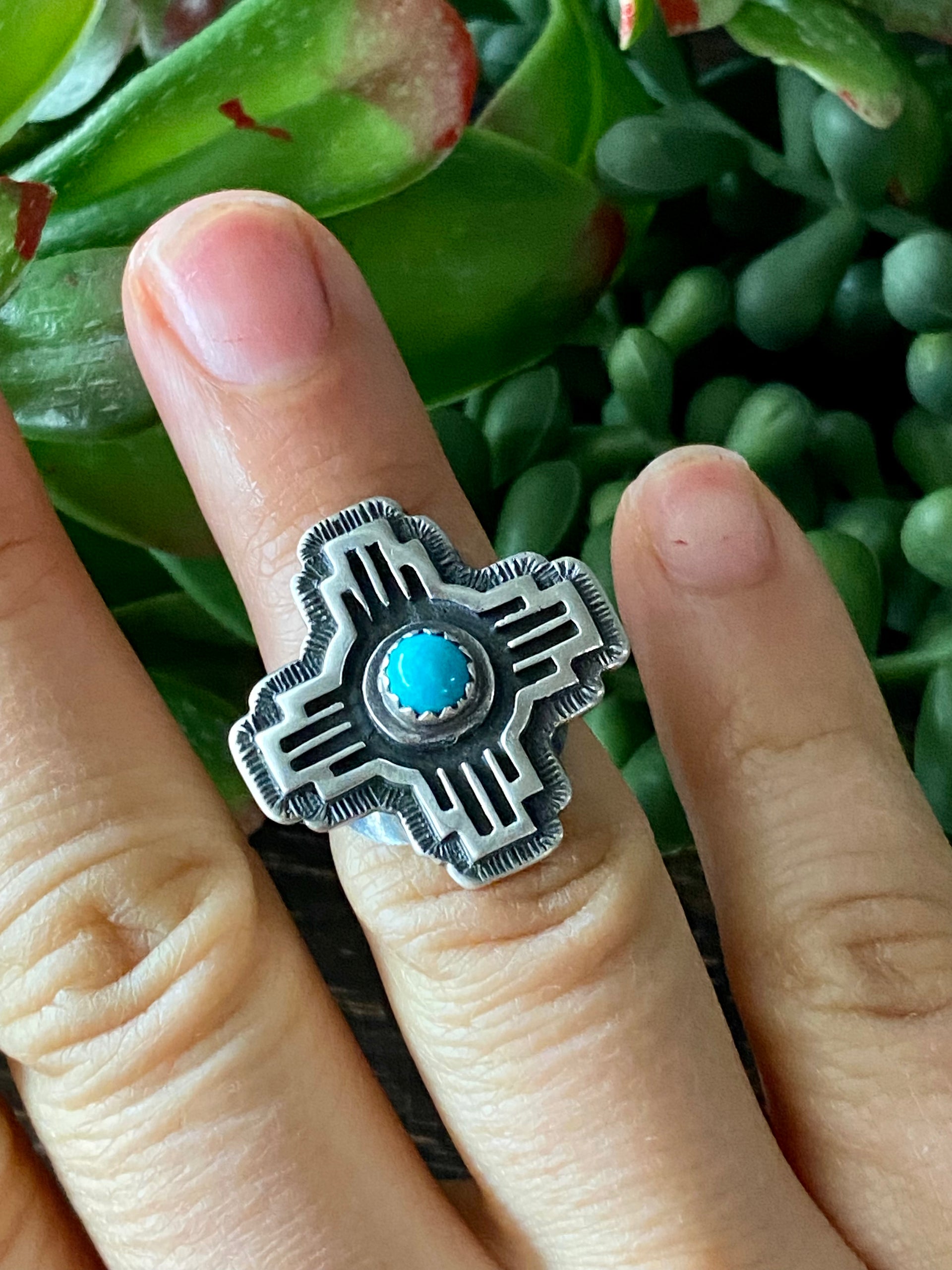 Navajo Made Kingman Turquoise & Sterling Silver Zia Rings