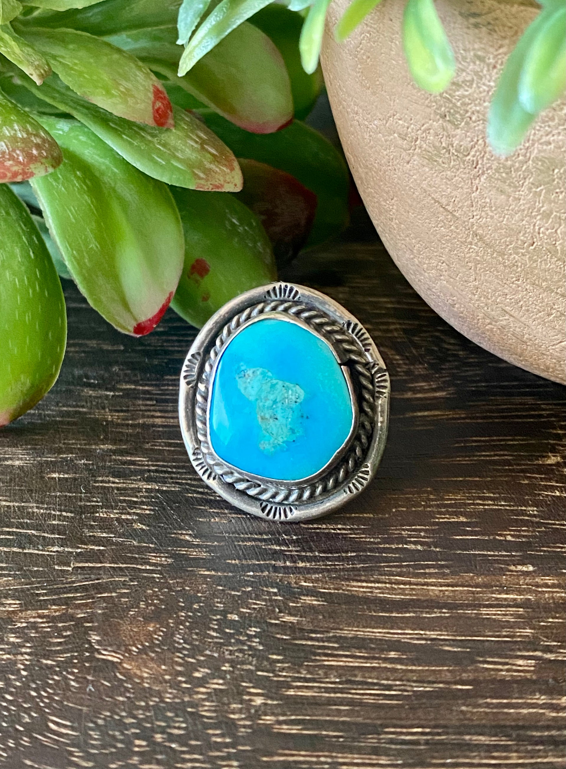 Navajo Made Kingman Turquoise & Sterling Silver Ring Size 7
