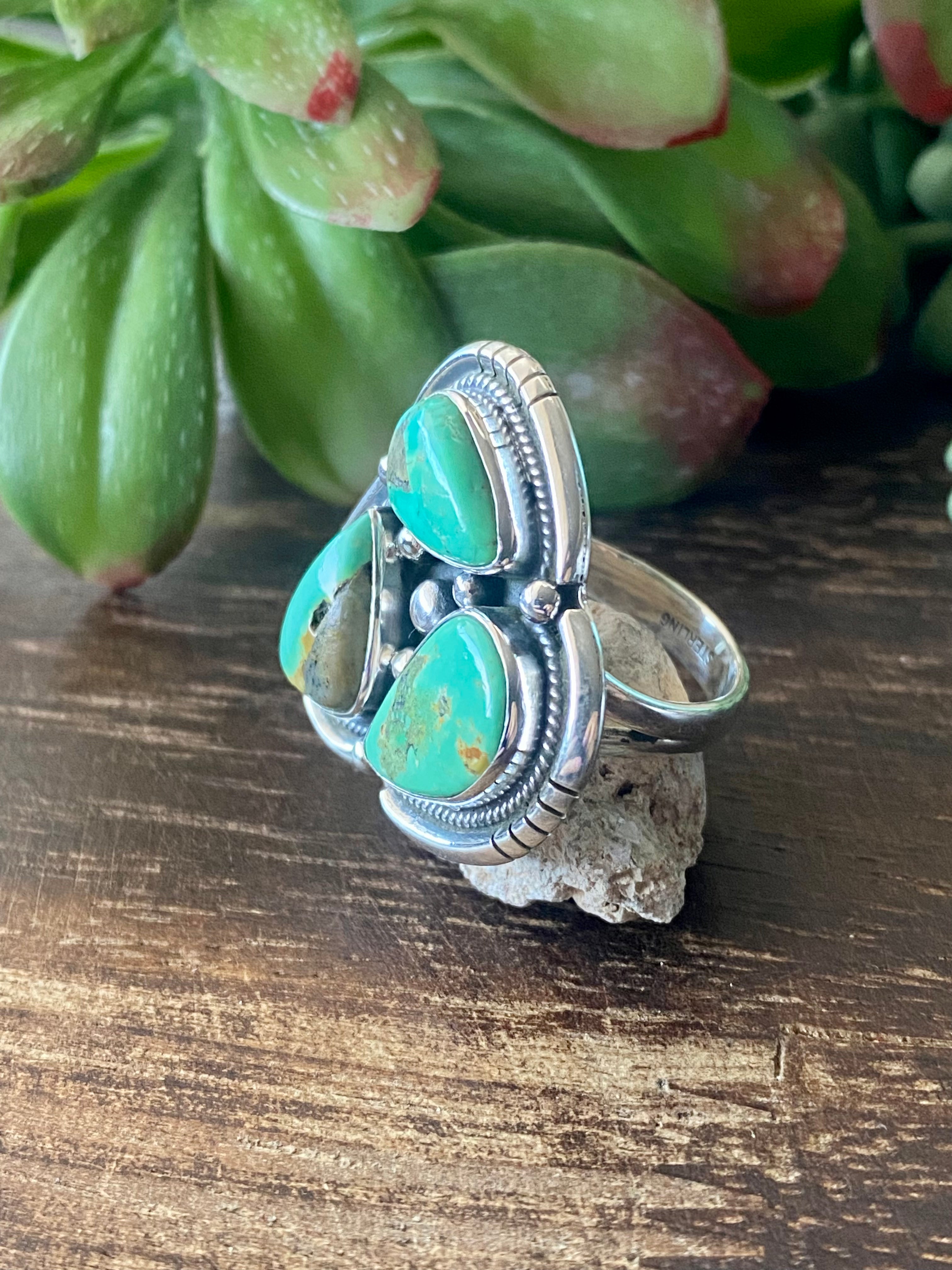 Navajo Made Carico Lake Turquoise & Sterling Silver Cluster Ring Size 8.75