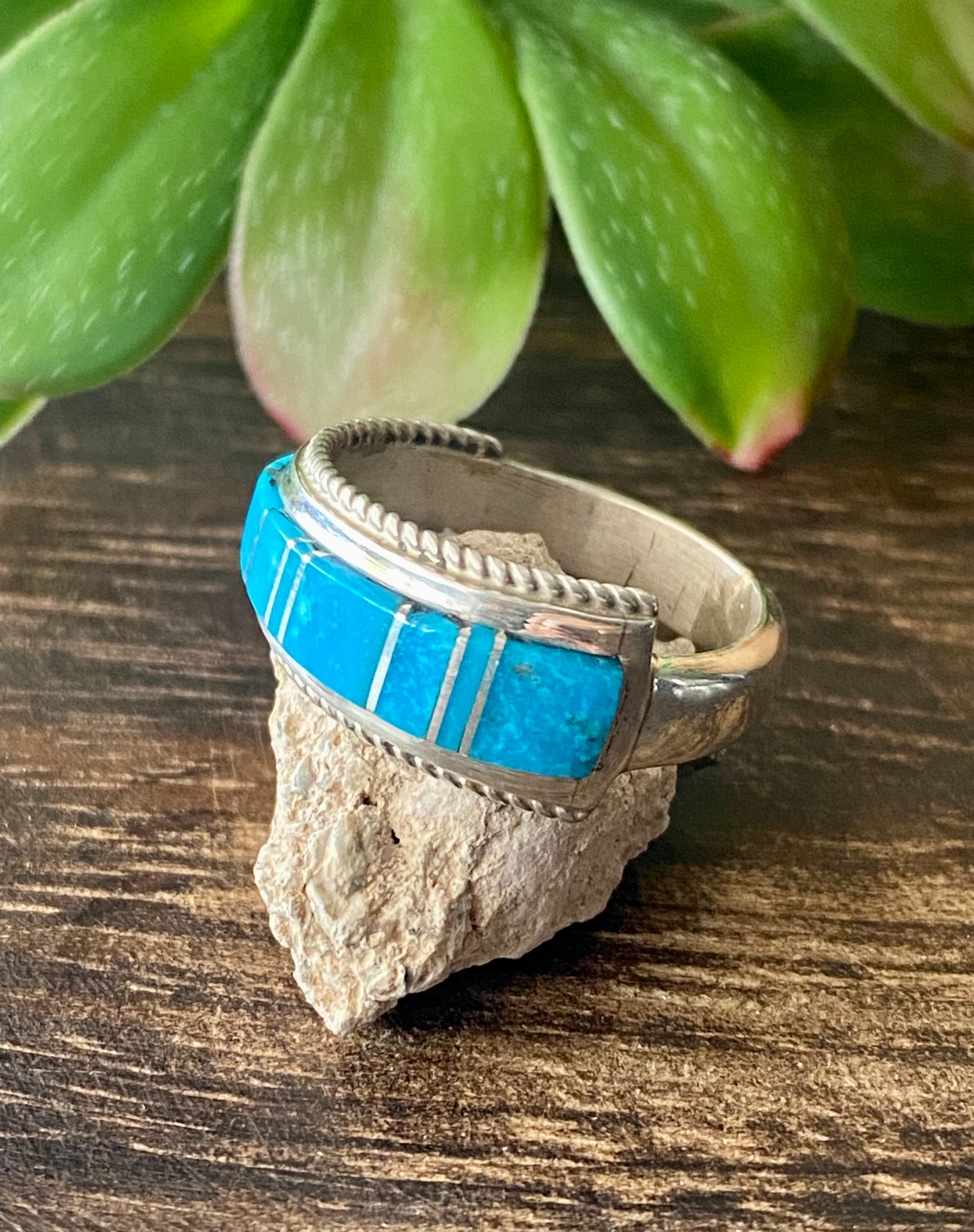 Navajo Made Kingman Turquoise & Sterling Silver Inlay Ring Size 12