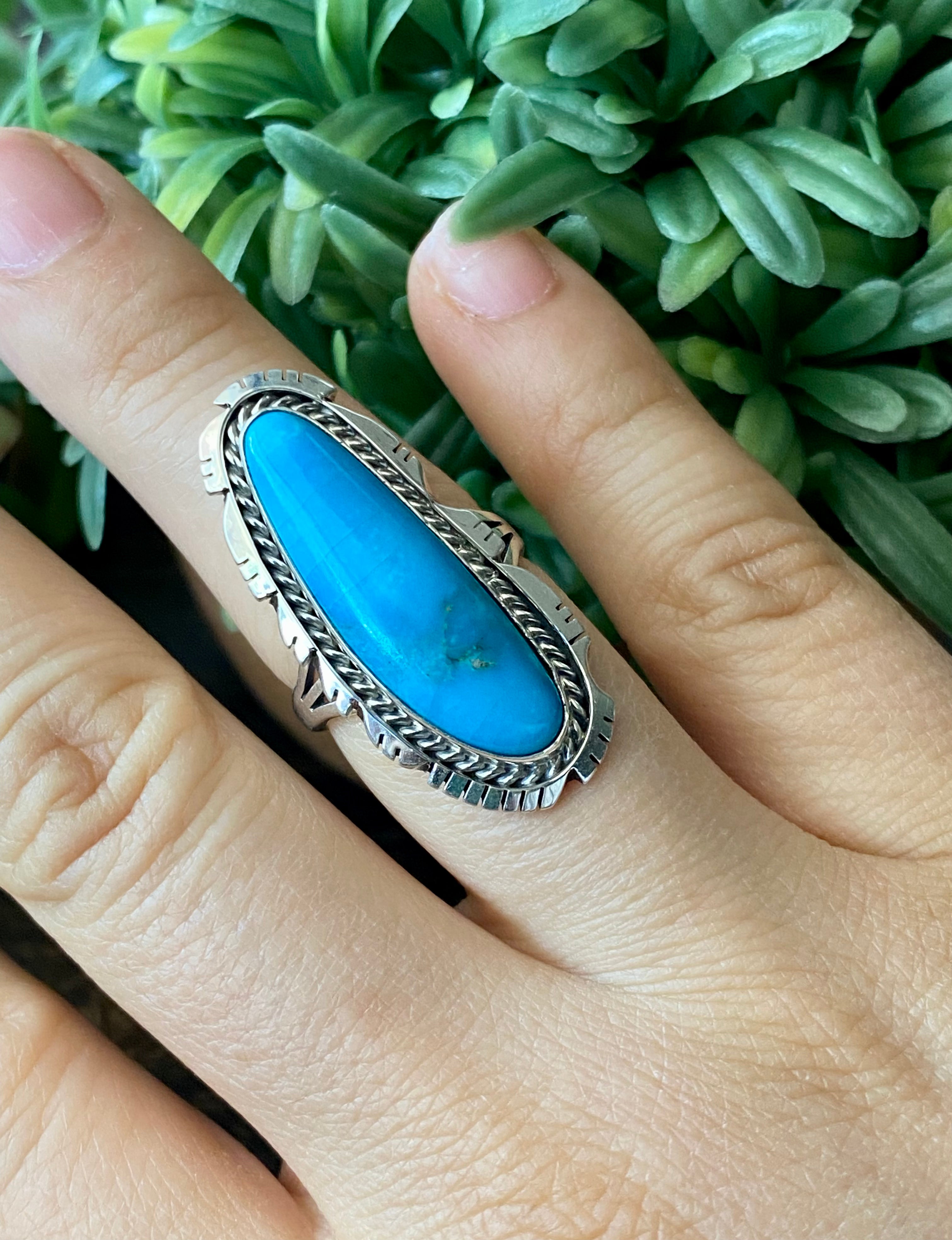 Navajo Made Kingman Turquoise & Sterling Silver Ring Size 7.5