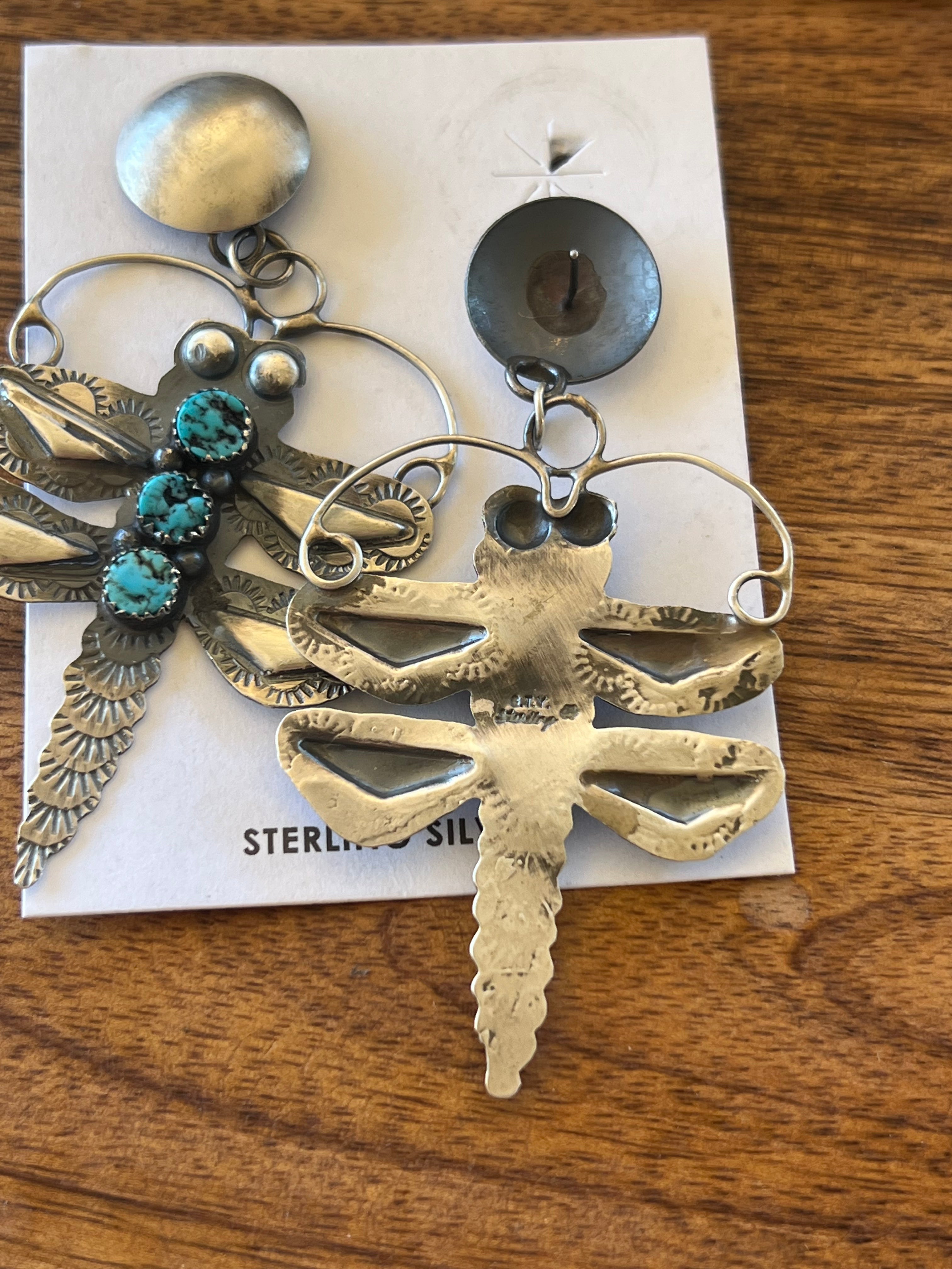 Tim Yazzie Kingman Turquoise & Sterling Silver Dragonfly Post Dangle Earrings