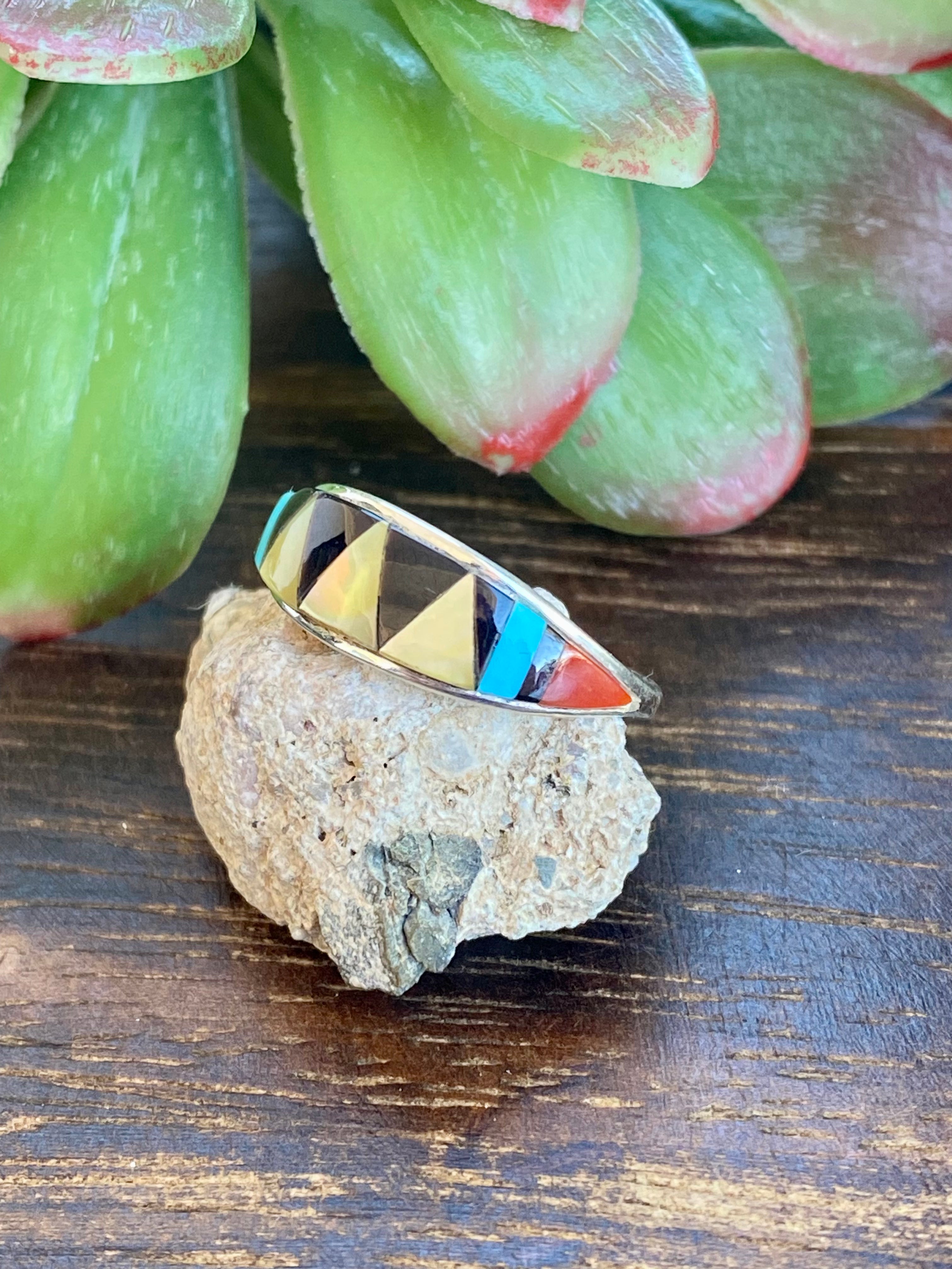 Zuni Made Multi Stone & Sterling Silver Inlay Ring