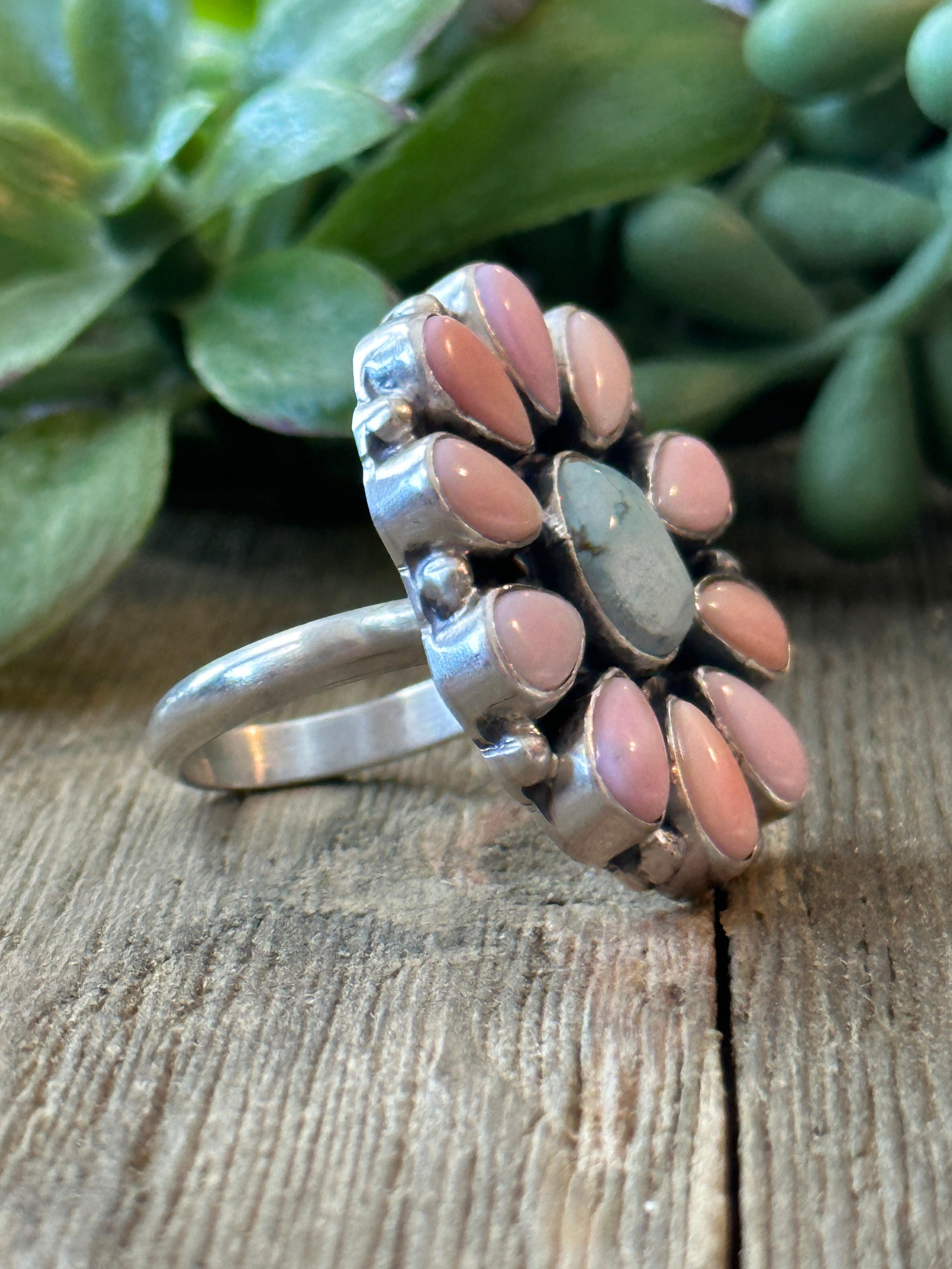 Navajo Made Golden Hill & Pink Conch & Sterling Silver Adjustable Cluster Ring