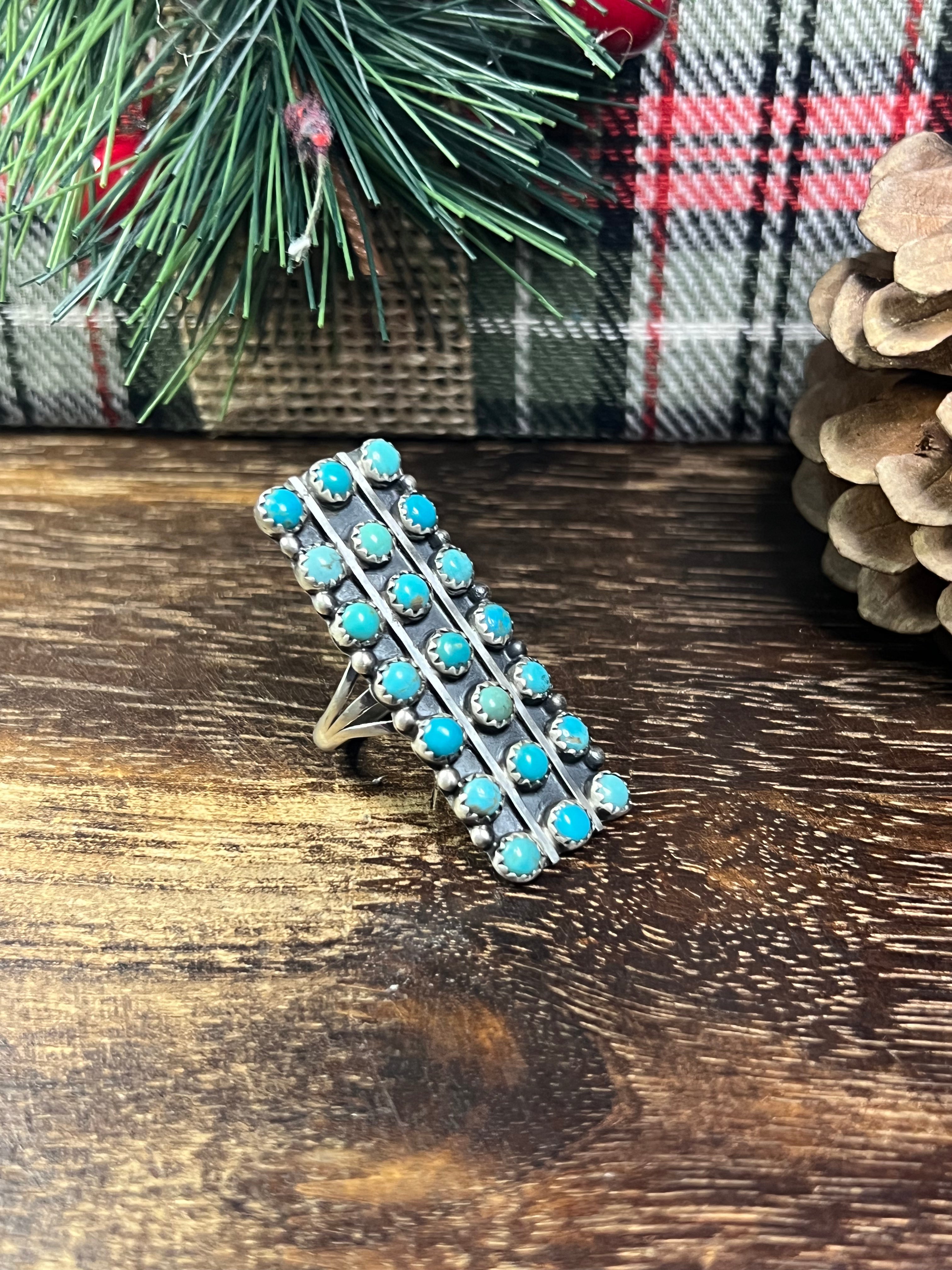 Navajo Made Kingman Turquoise & Sterling Silver Cluster Ring Size 8.75