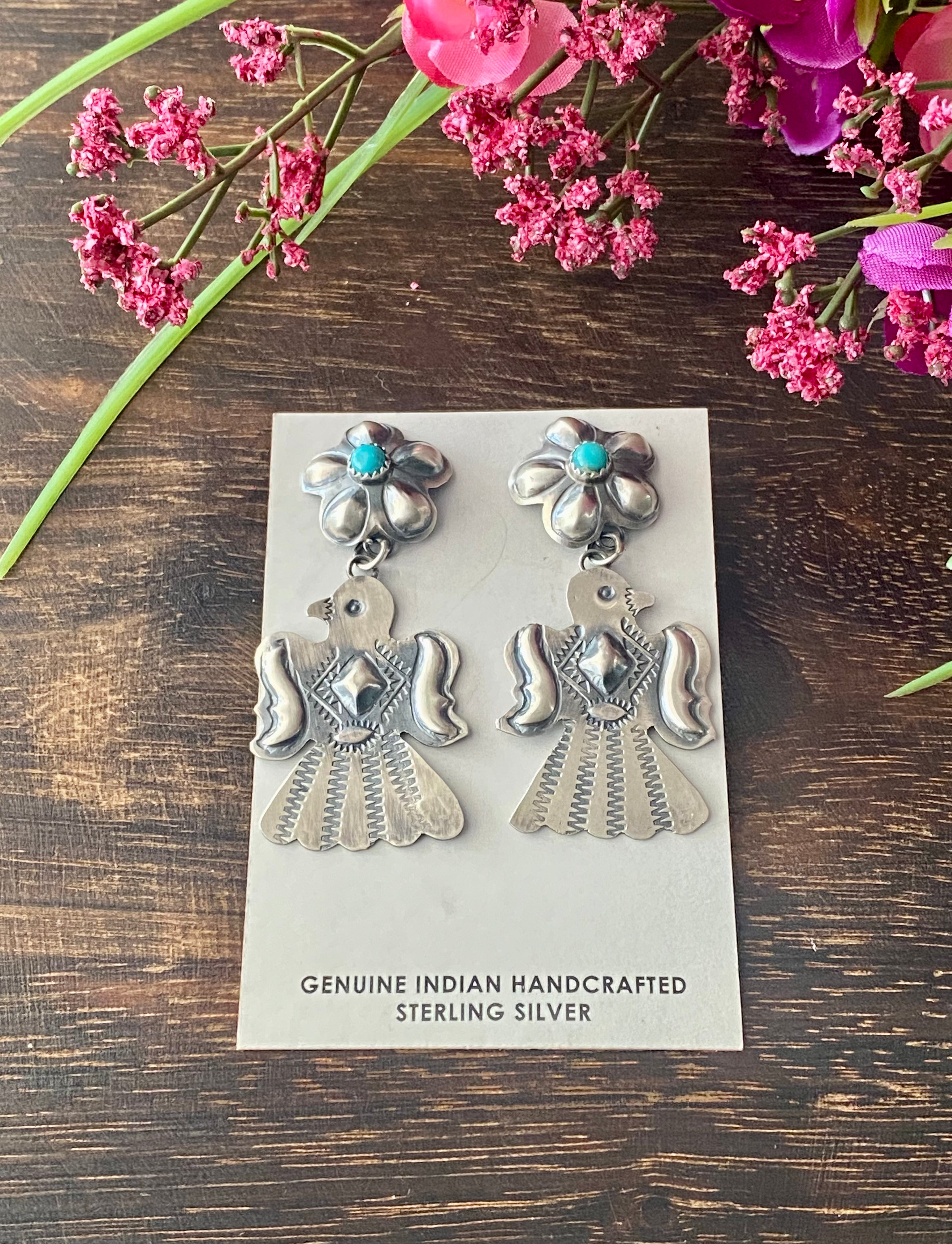 Tim Yazzie Kingman Turquoise & Sterling Silver Thunderbird Post Dangle Earrings