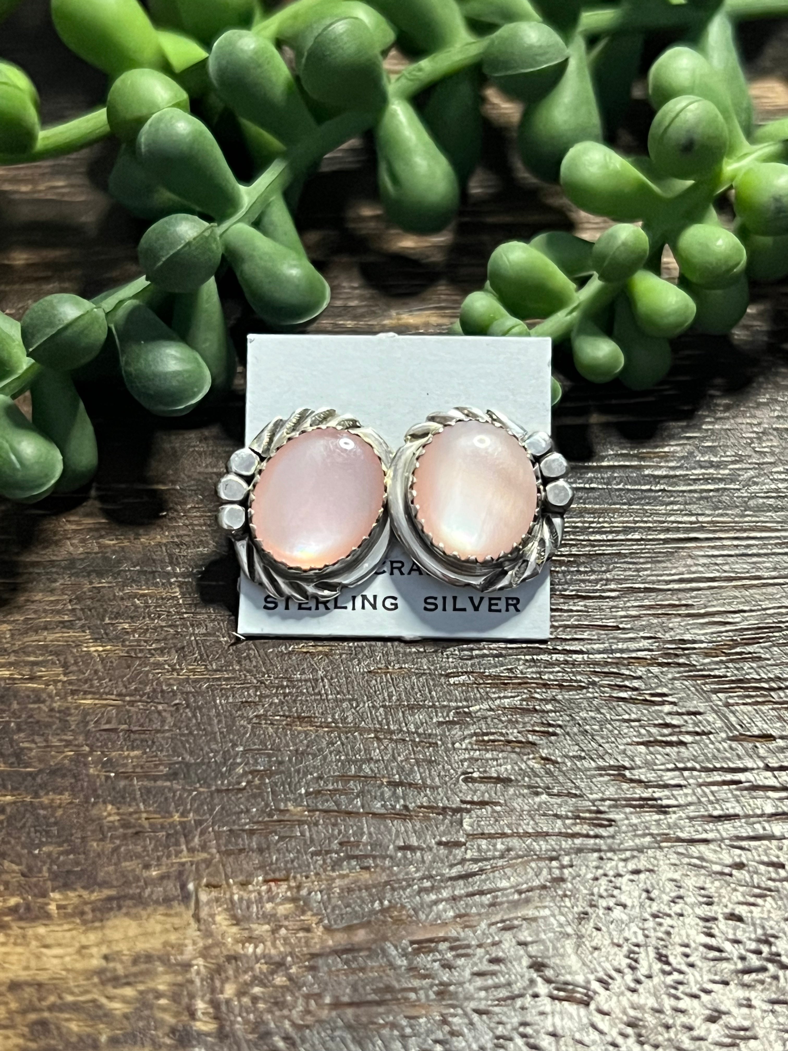 Navajo Made Mother Of Pearl & Sterling Silver Post Earrings