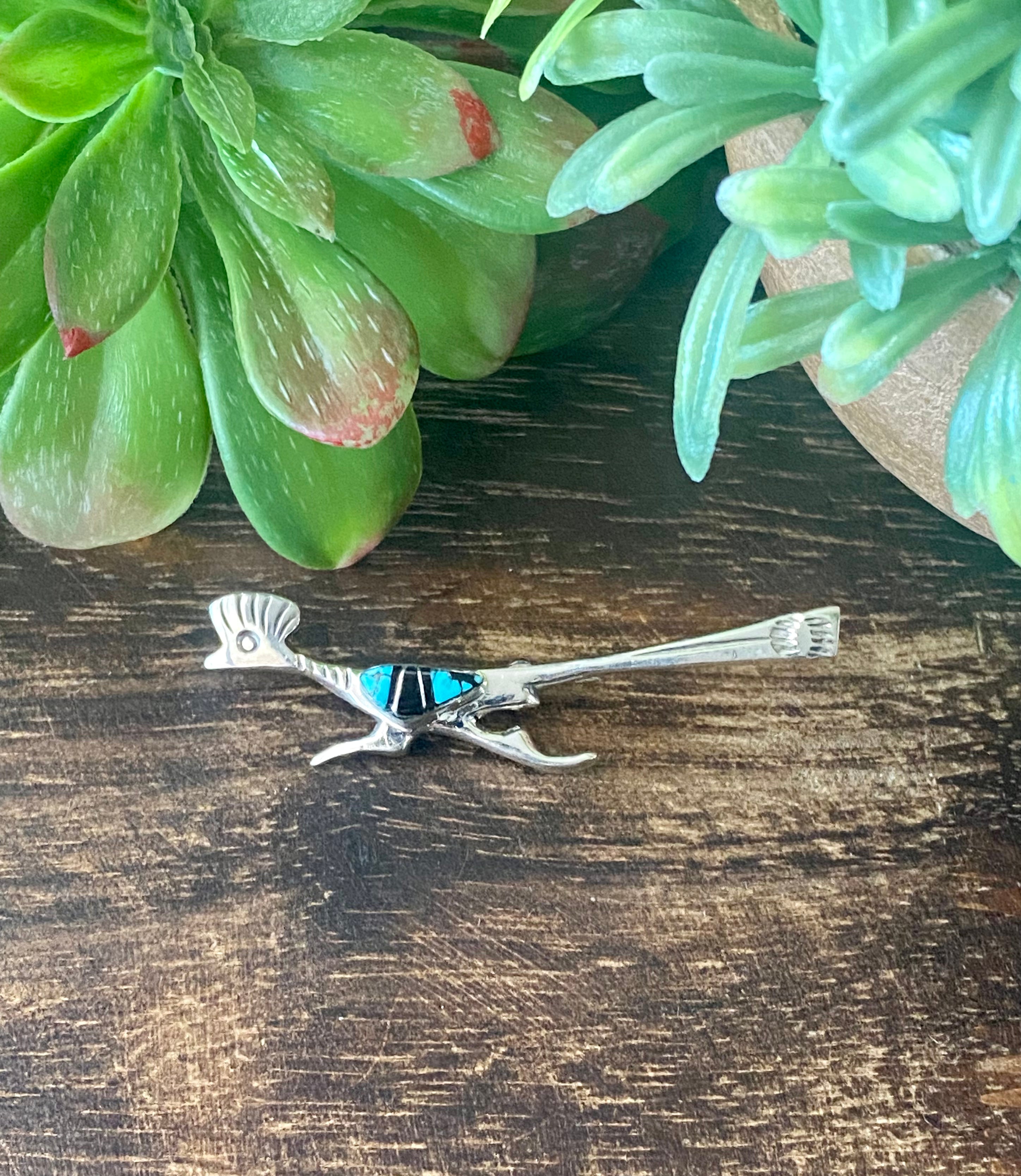 Navajo Made Multi Stone & Sterling Silver Inlay Roadrunner Pin