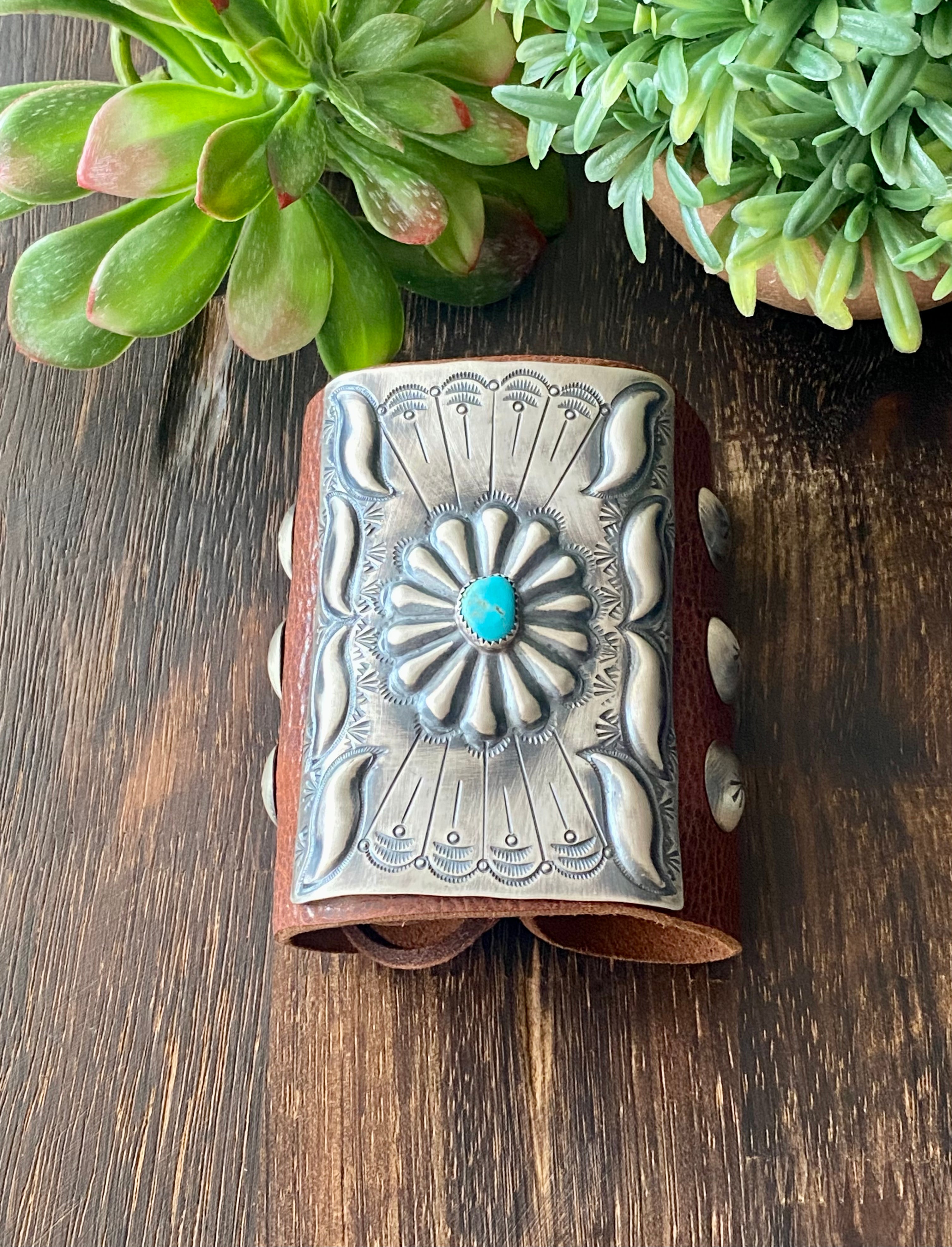 Navajo Made Kingman Turquoise & Sterling Silver Leather Bracelet