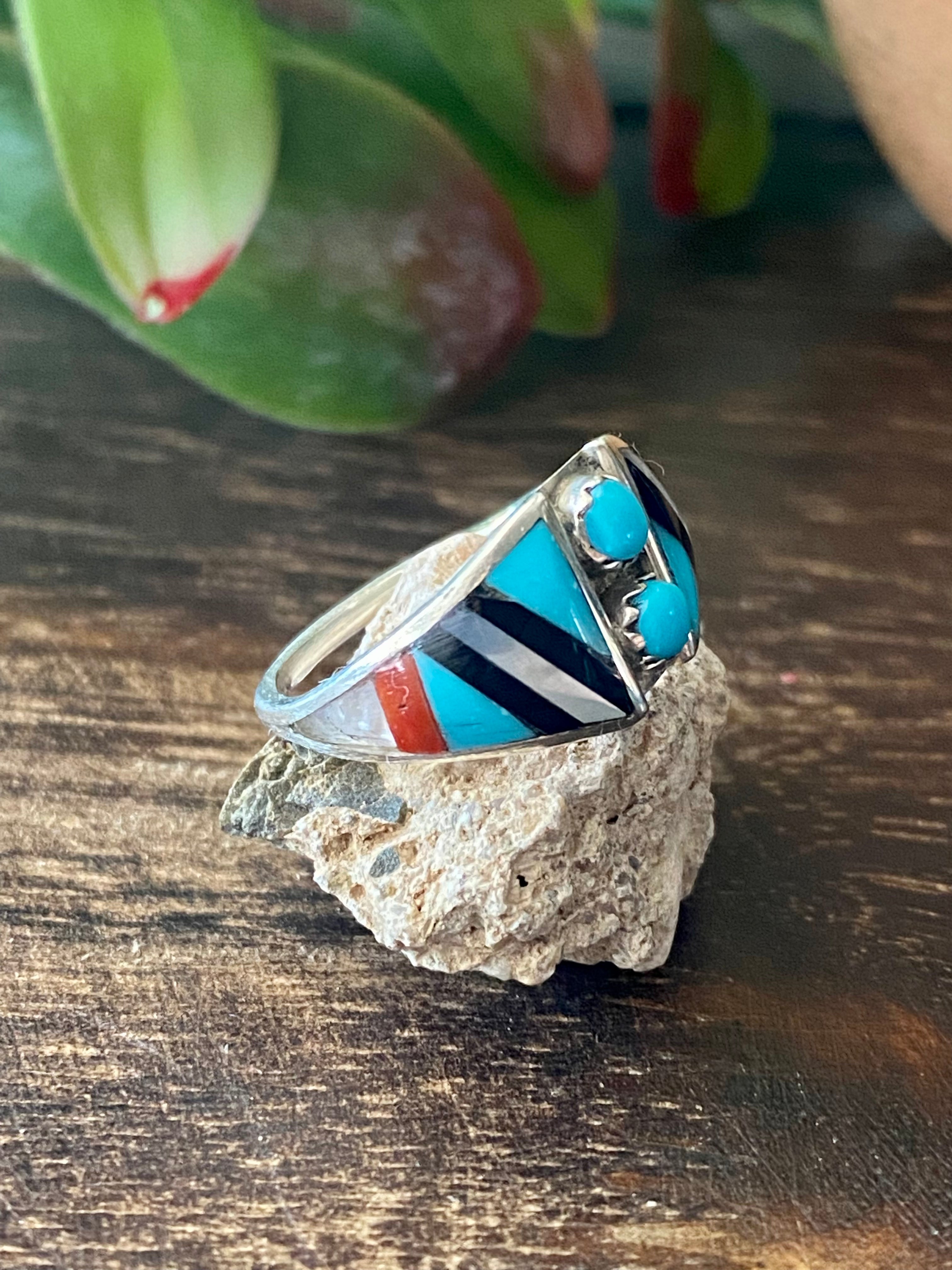 Zuni Made Multi Stone & Sterling Silver Inlay Ring Size 6.75