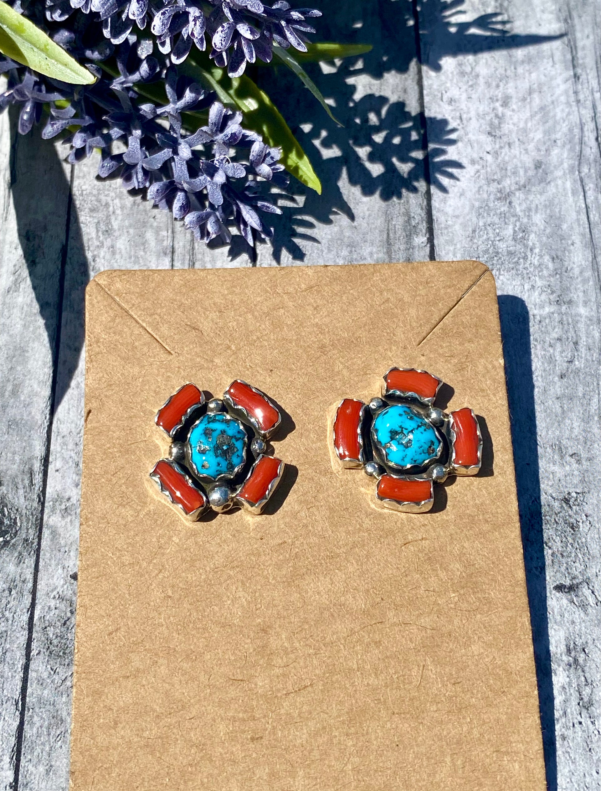 Navajo Made Kingman Turquoise & Coral Sterling Silver Post Earrings