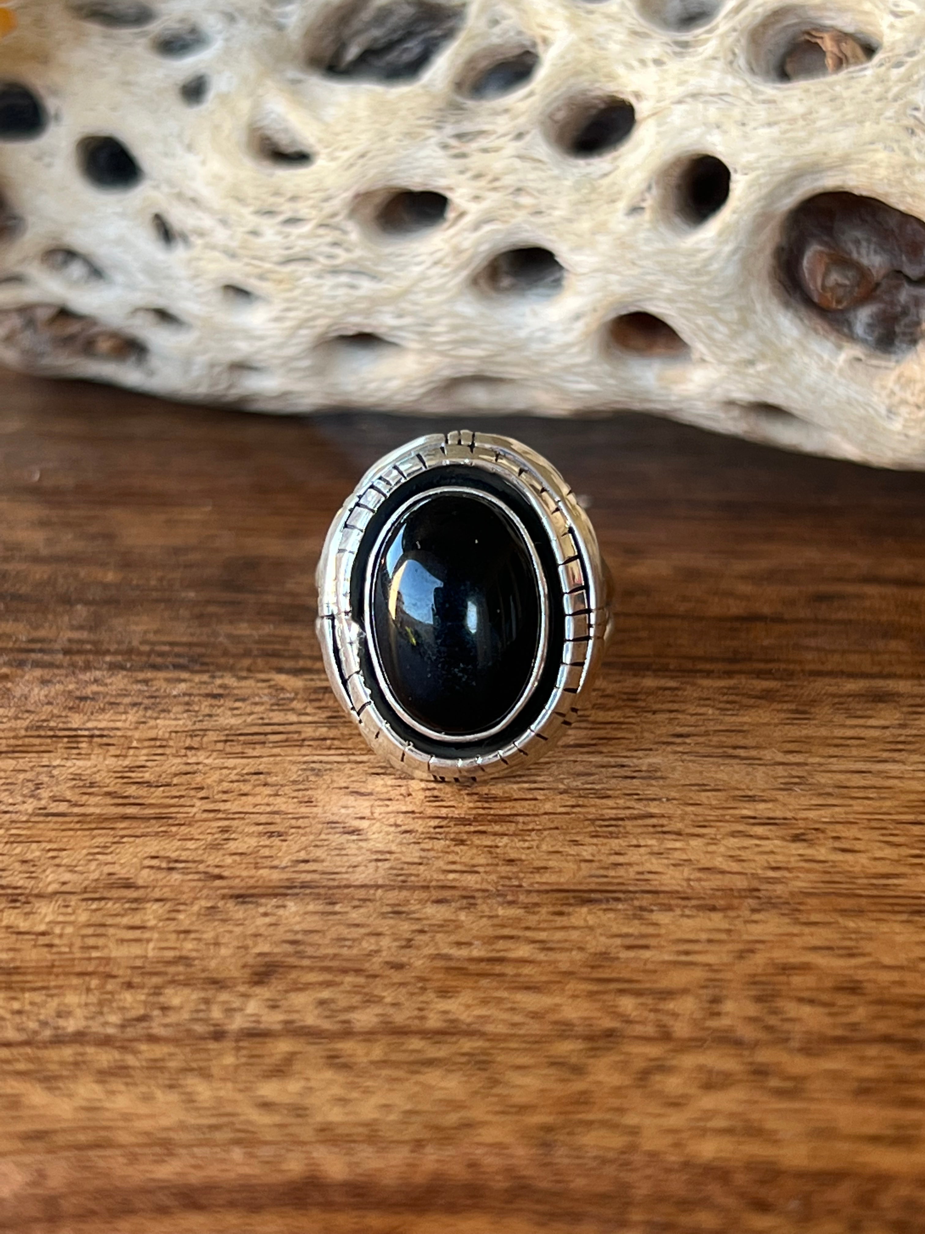 Navajo Made Onyx & Sterling Silver Ring Size 6.5