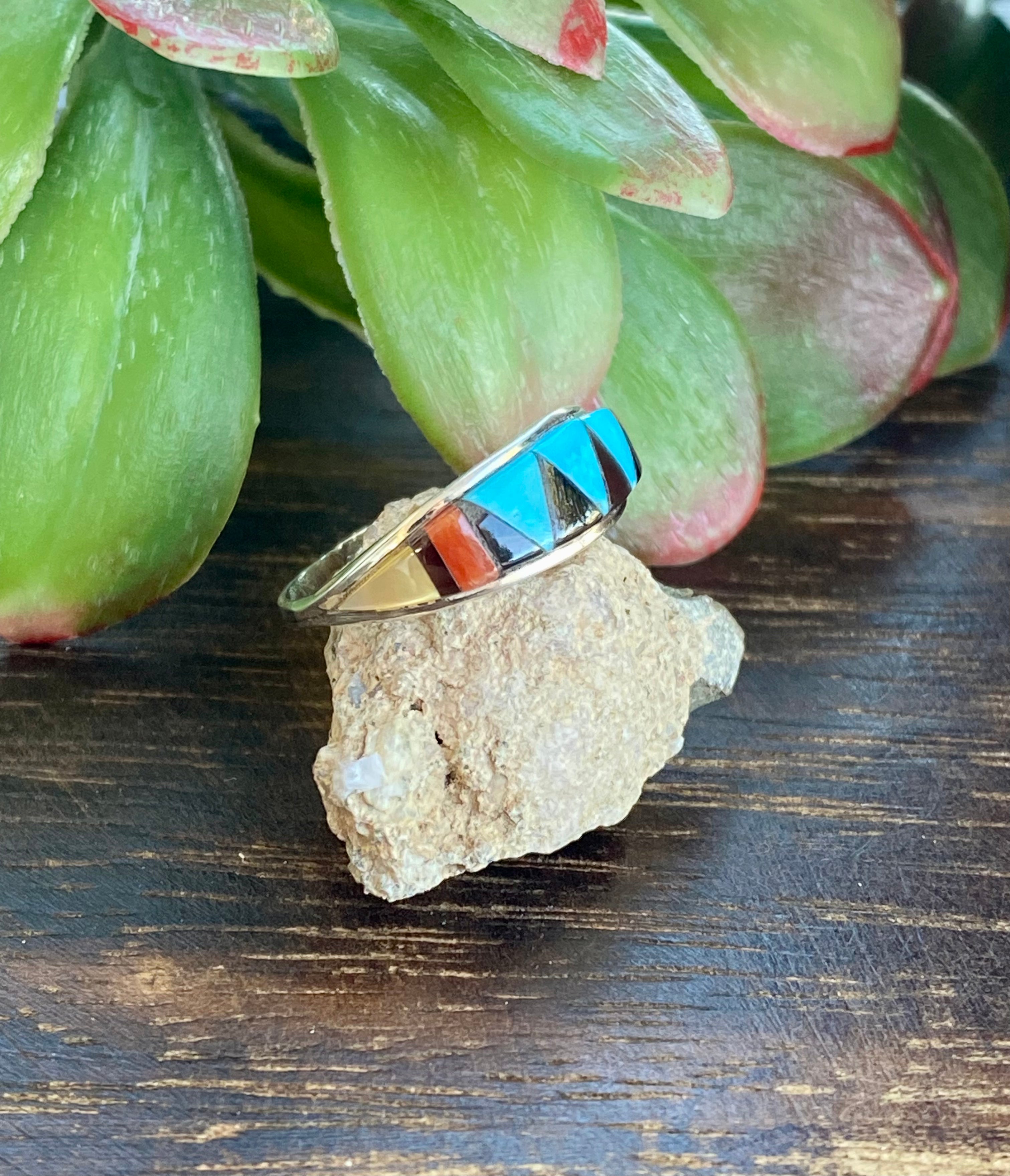 Zuni Made Multi Stone & Sterling Silver Inlay Ring