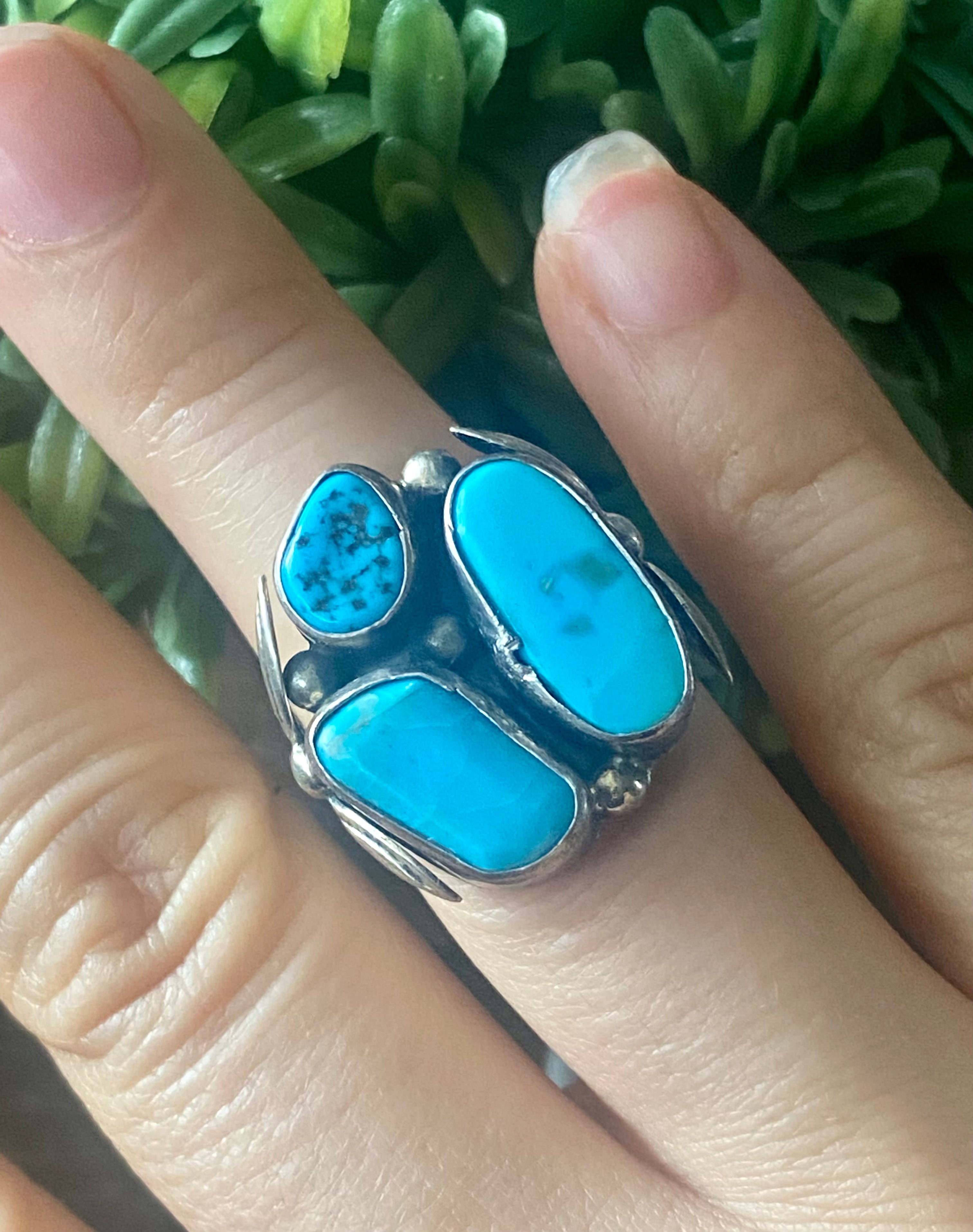 Navajo Made Kingman Turquoise & Sterling Silver Ring Size 6.5