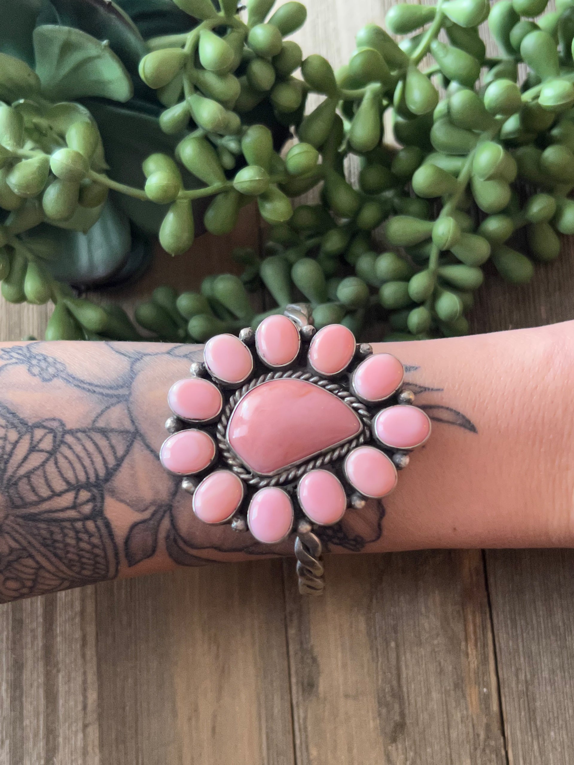 Navajo Made Pink Conch & Sterling Silver Cuff Bracelet