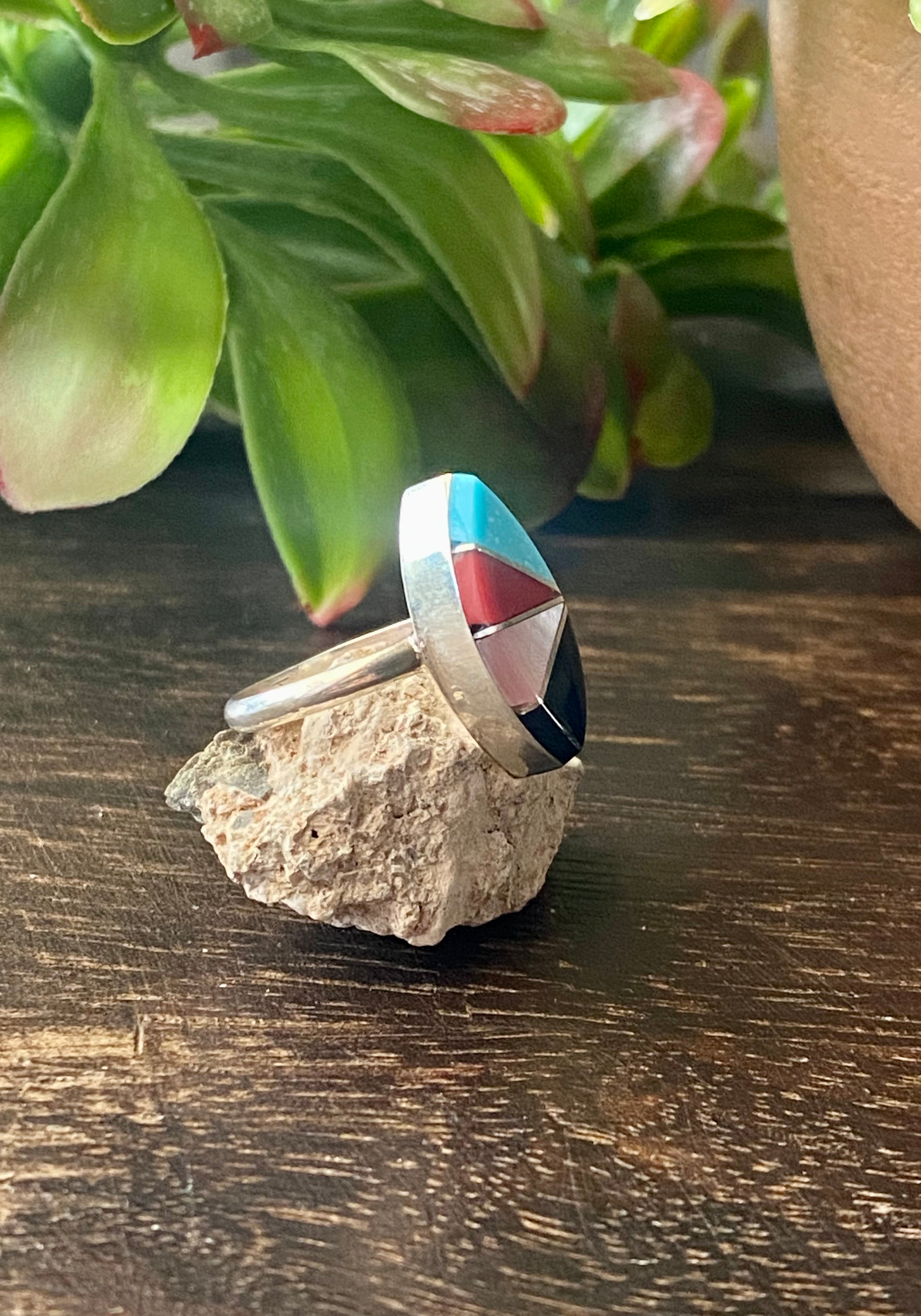 Zuni Made Multi Stone & Sterling Silver Inlay Ring Size 5.25