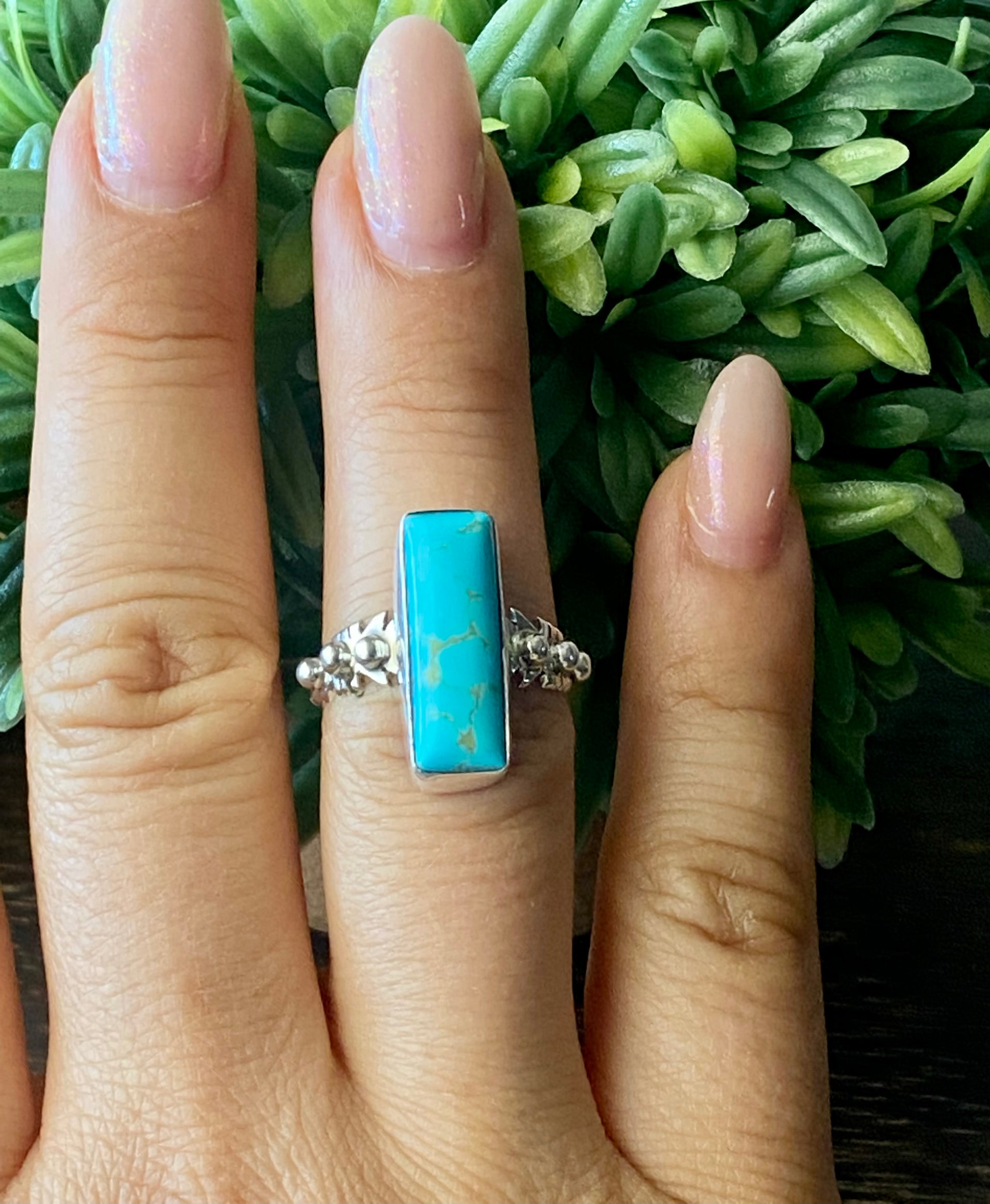 Navajo Made Kingman Turquoise & Sterling Silver Bar Ring Size 7.75