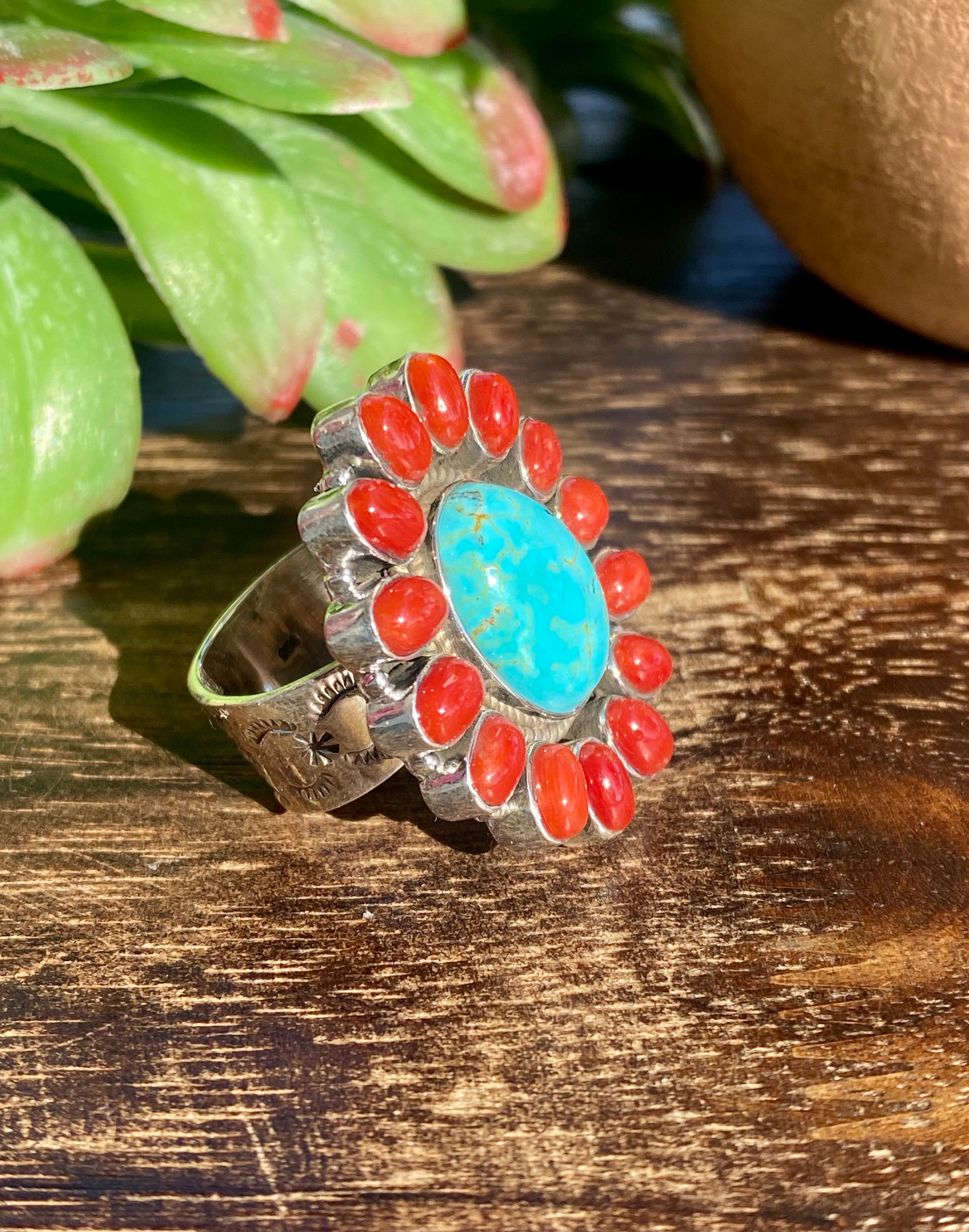 Southwest Handmade Kingman Turquoise & Coral Sterling Silver Adjustable Rings