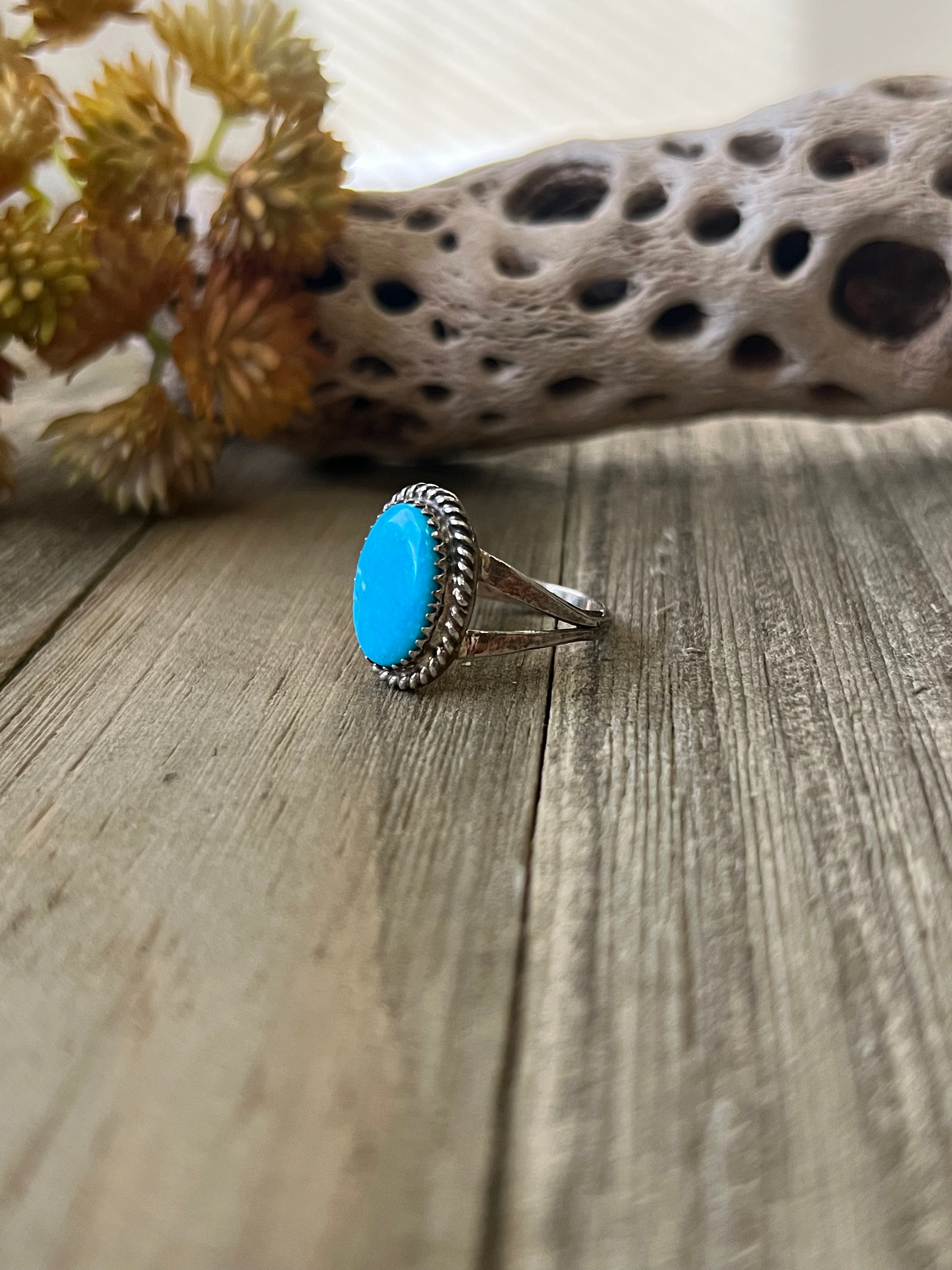 Navajo Made Kingman Turquoise & Sterling Silver Ring Size 8