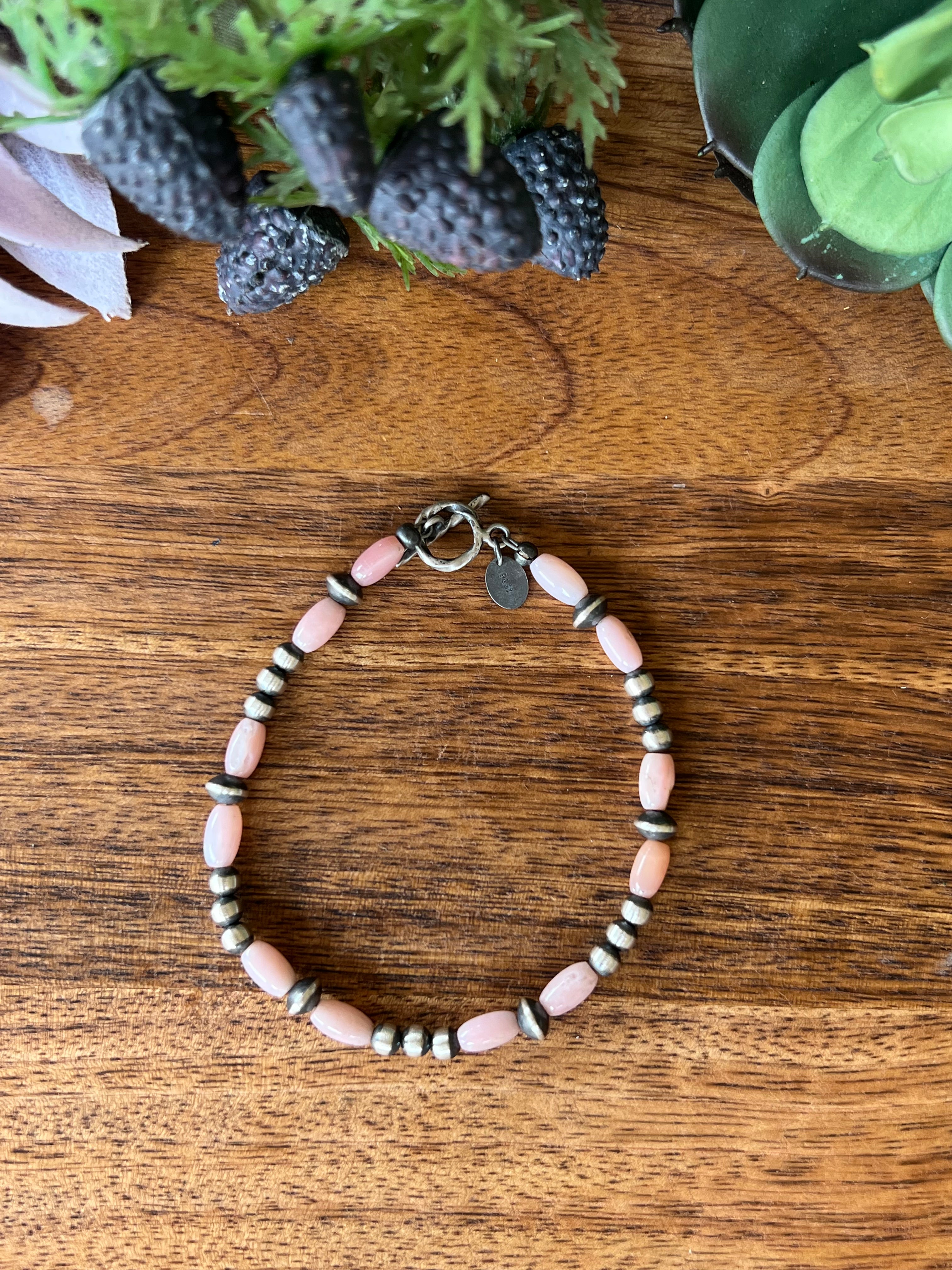 Navajo Strung Pink Coral & Sterling Silver Graduated Pearl Bracelet