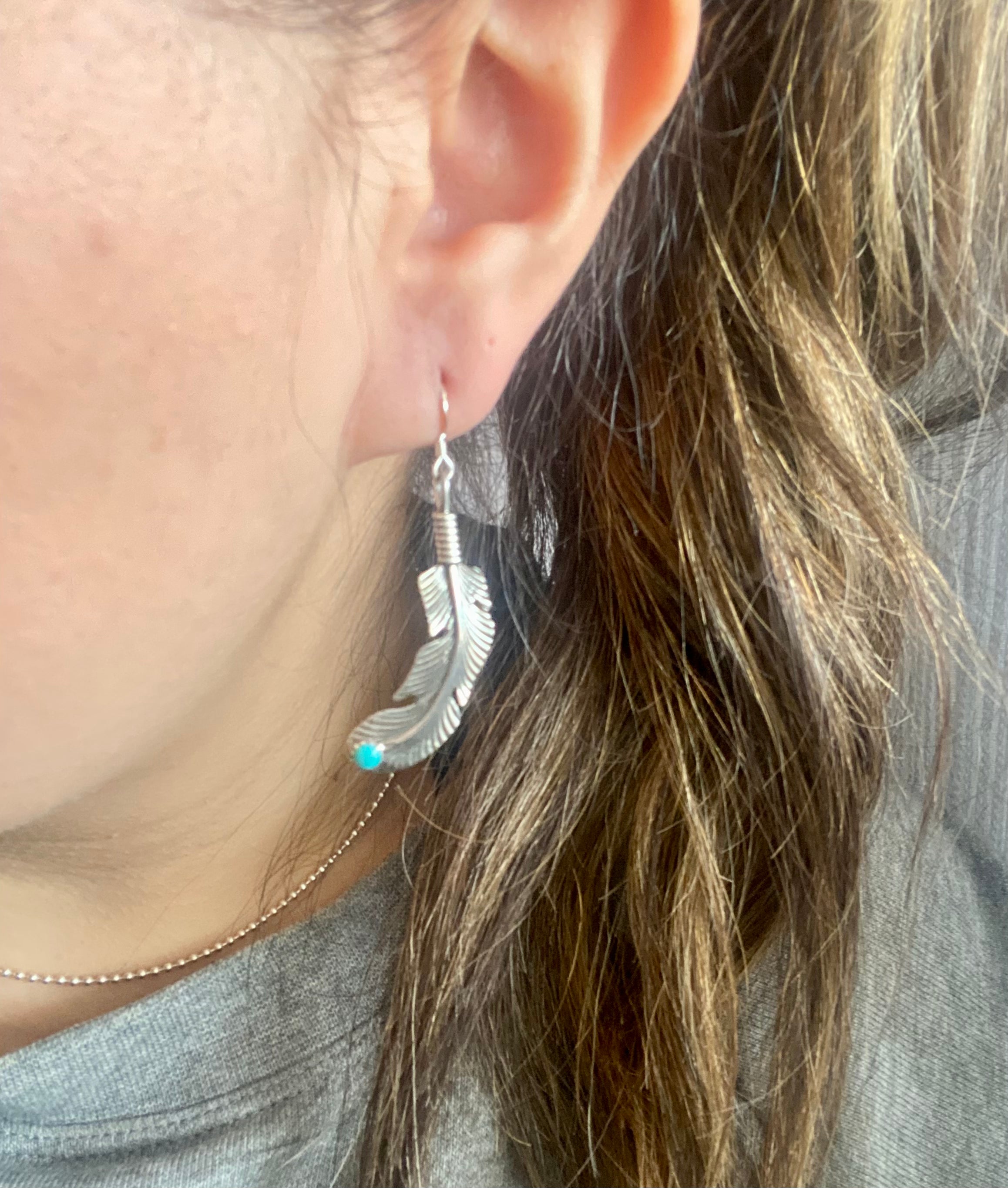 Navajo Made Kingman Turquoise & Sterling Silver Feather Dangle Earrings