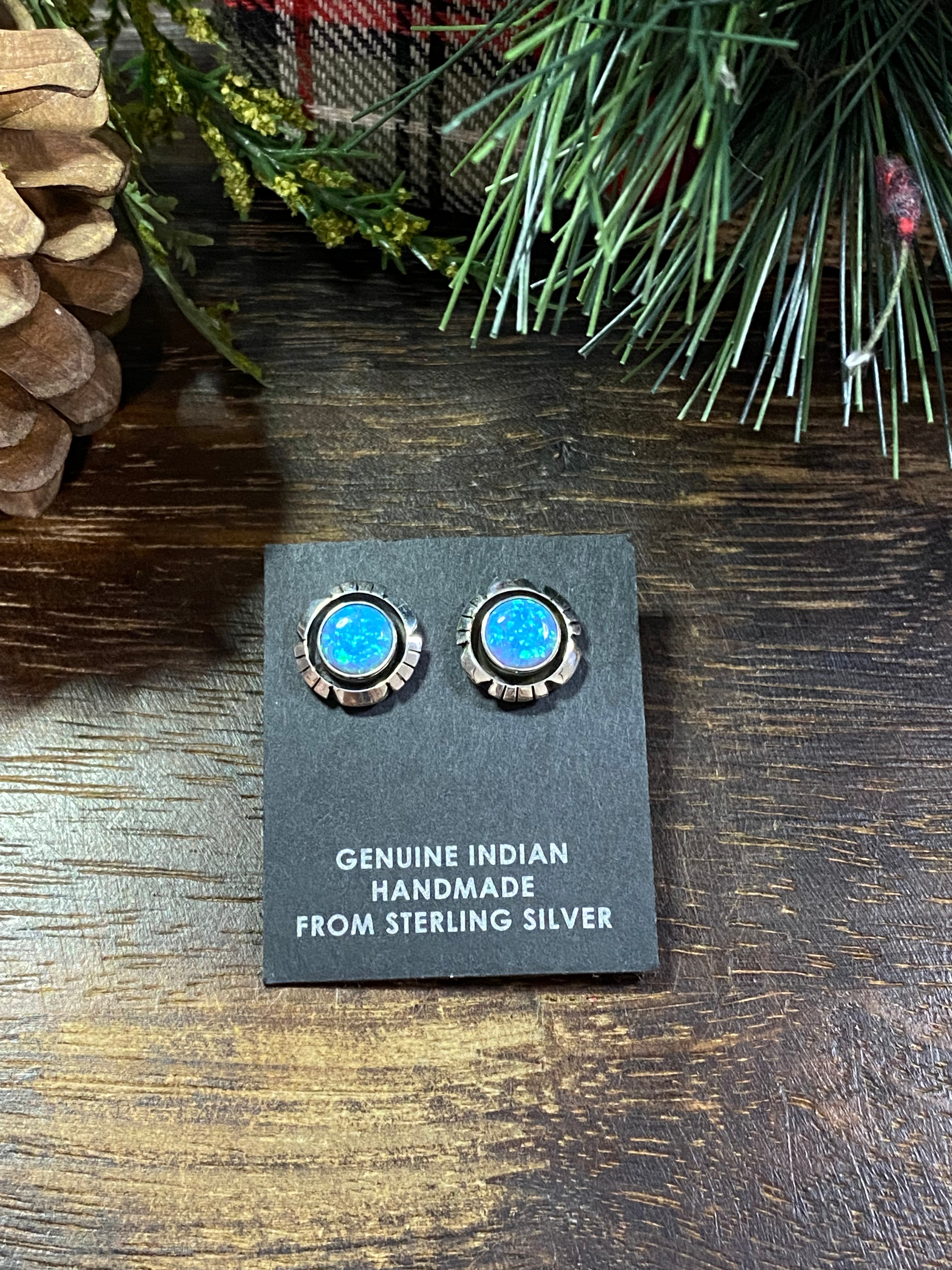 Navajo Made Blue Opal & Sterling Silver Shadowbox Post Earrings