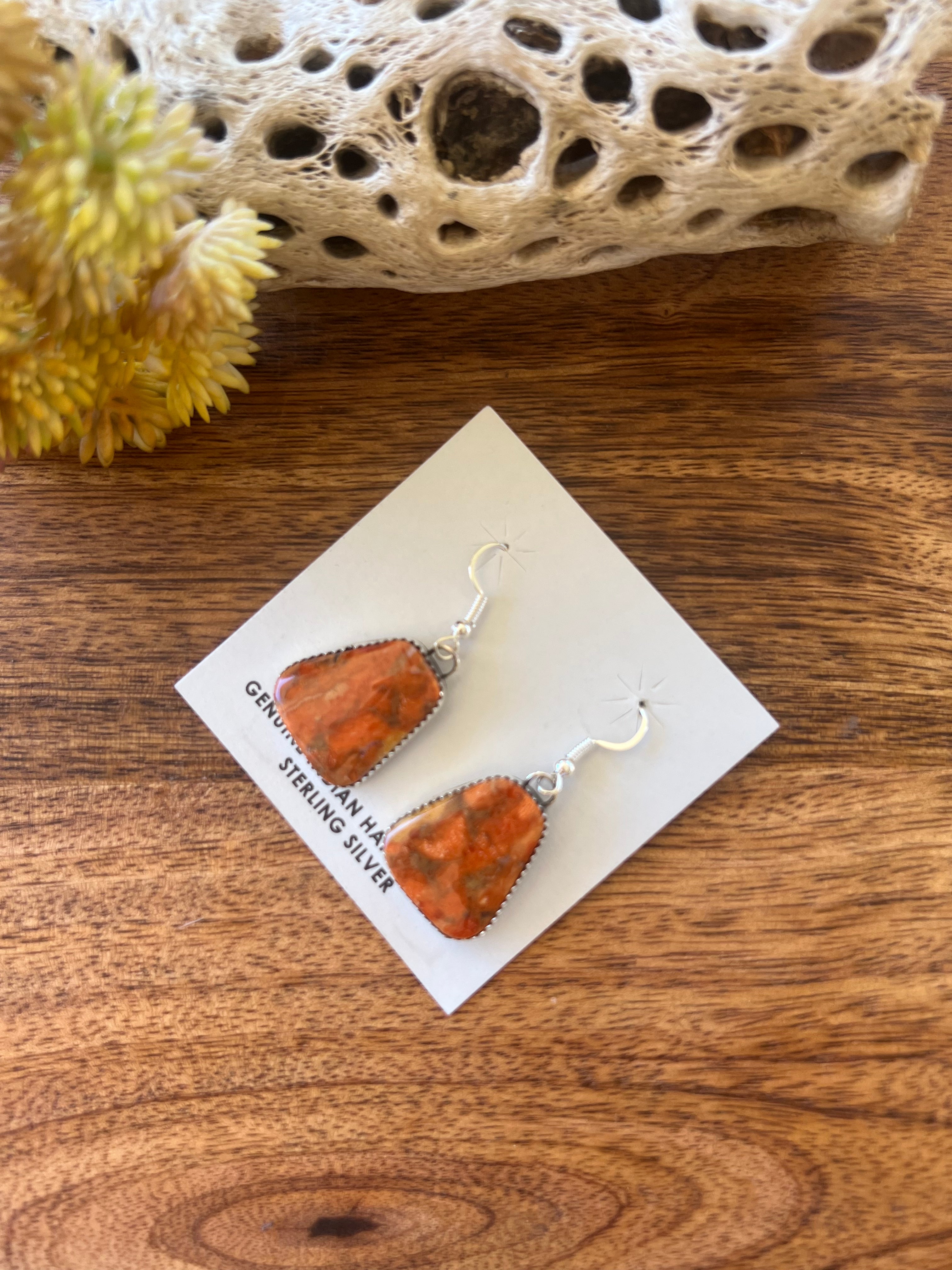 Navajo Made Apple Coral& Sterling Silver Dangle Earrings