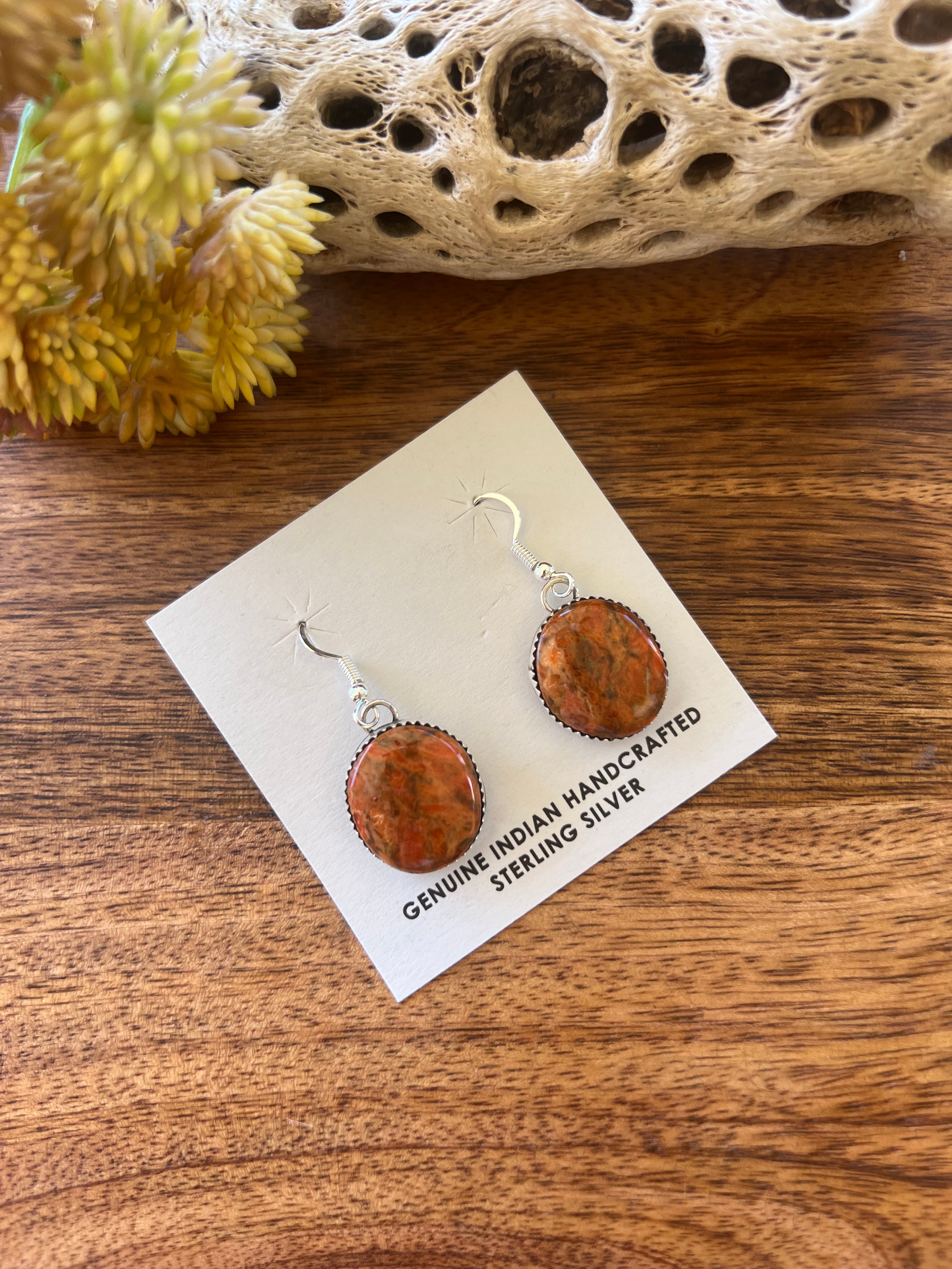 Navajo Made Apple Coral & Sterling Silver Dangle Earrings