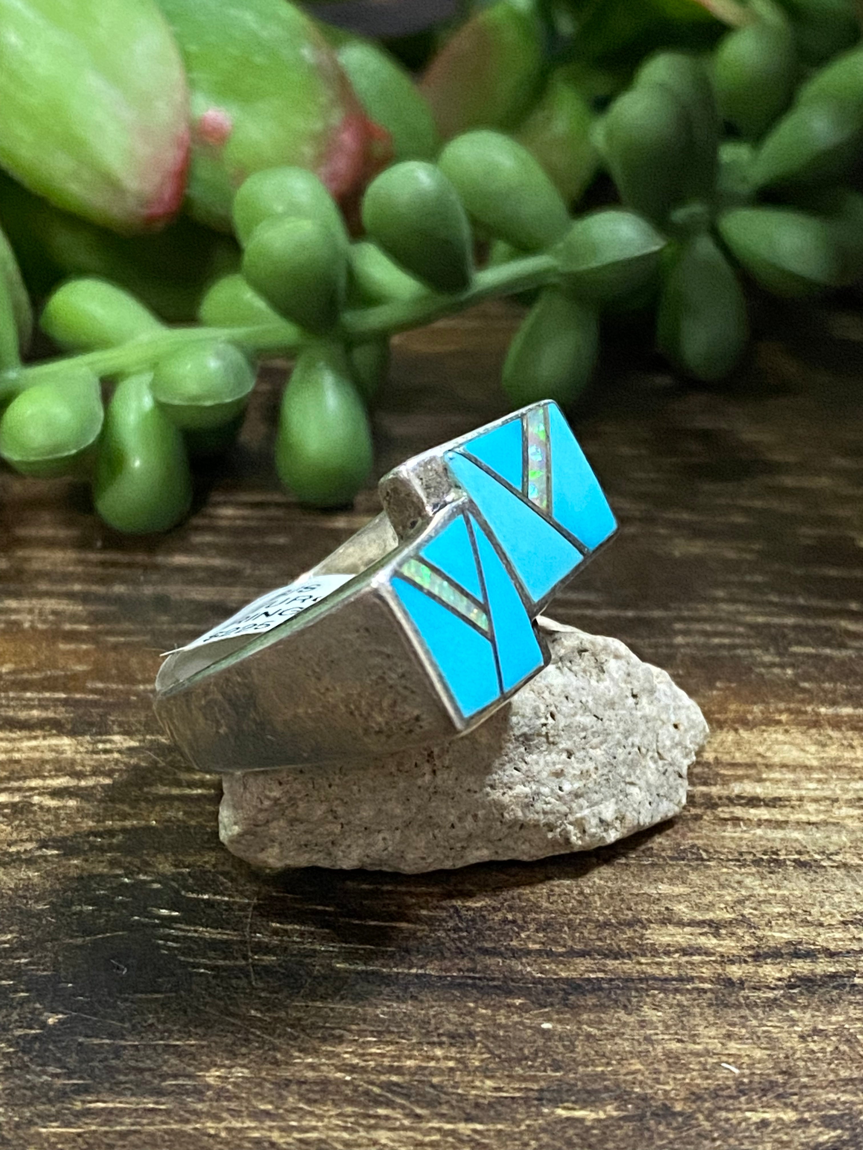 Victor Thompson Turquoise & White Opal (Man-Made) Sterling Silver Inlay Ring Size 7