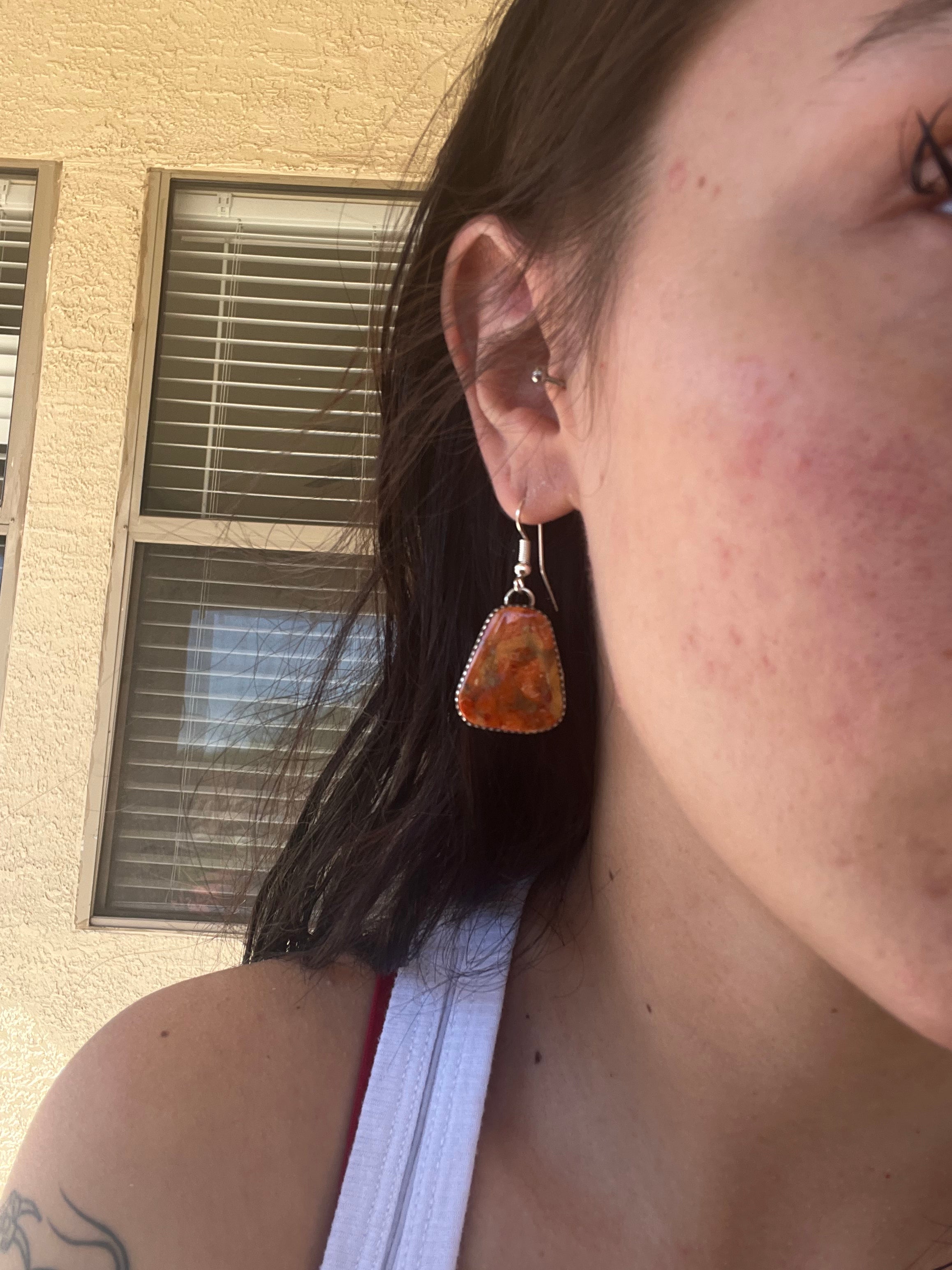 Navajo Made Apple Coral& Sterling Silver Dangle Earrings